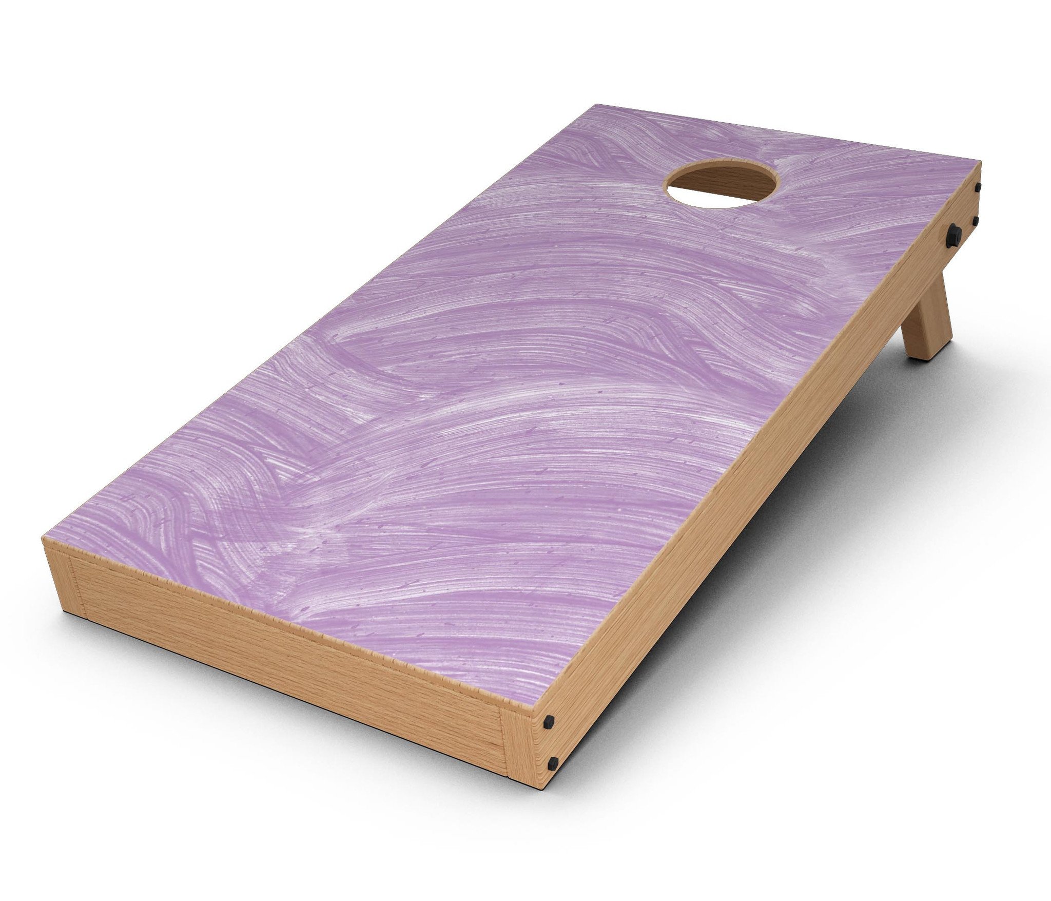 Purple Brush Strokes Cornhole Board Skin Decal Kit showcasing vibrant design on a Cornhole board.