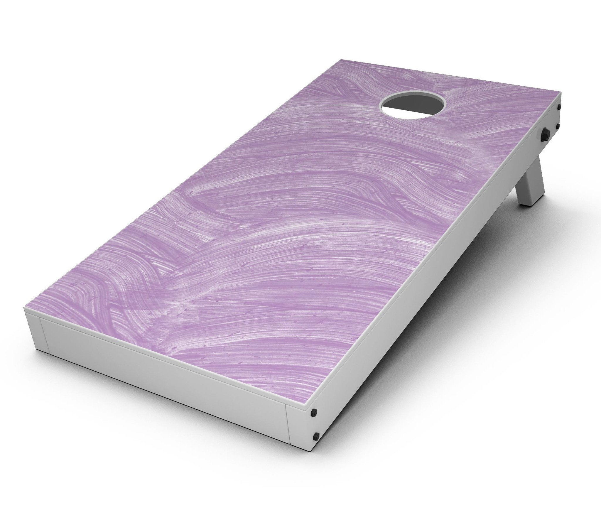 Purple Brush Strokes Cornhole Board Skin Decal Kit showcasing vibrant design on a Cornhole board.