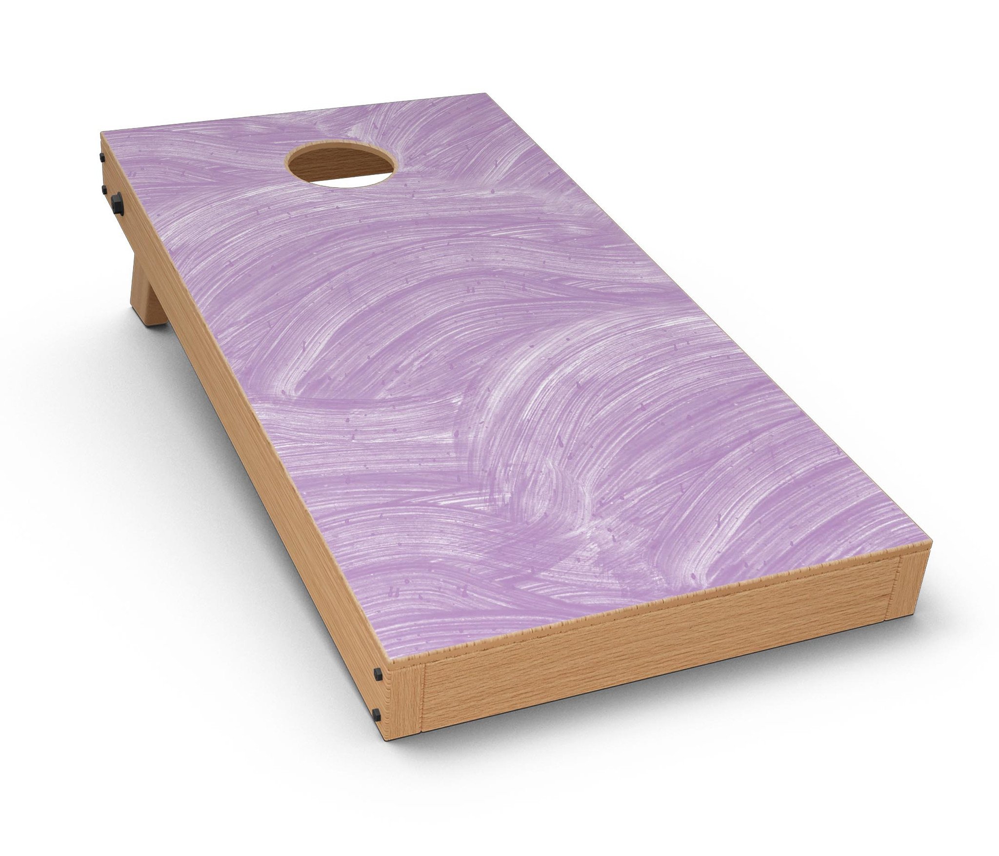 Purple Brush Strokes Cornhole Board Skin Decal Kit showcasing vibrant design on a Cornhole board.