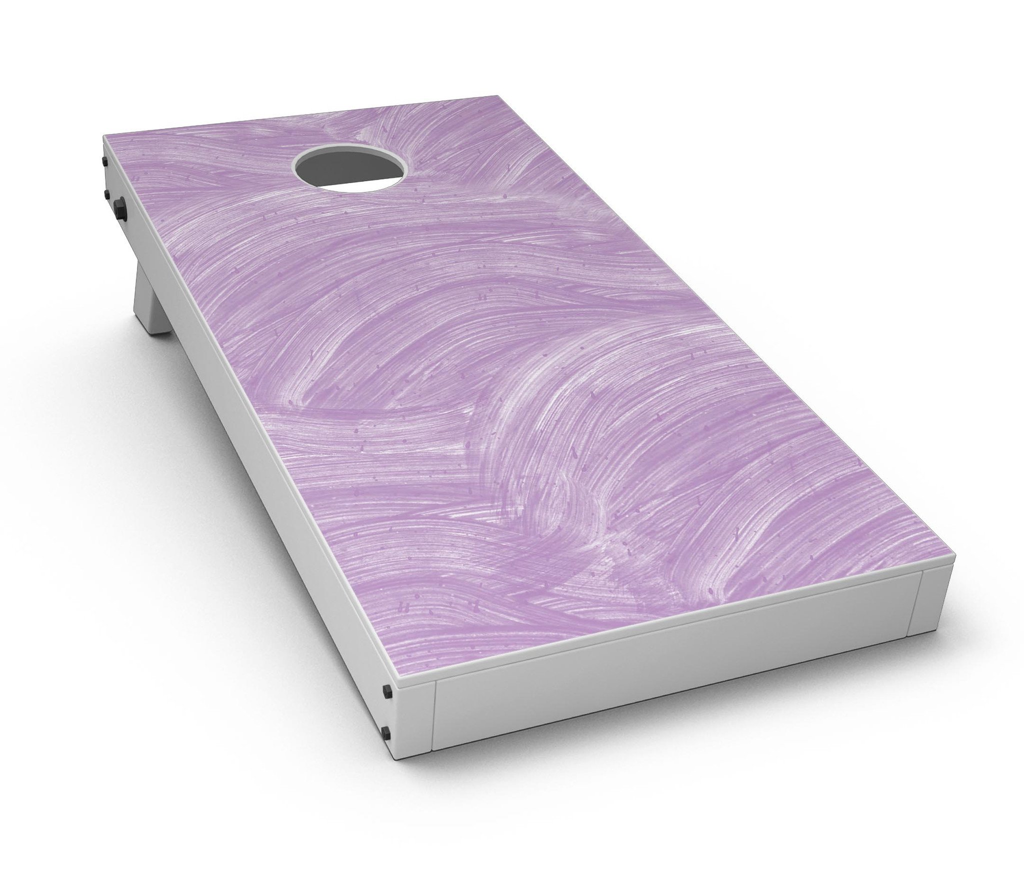 Purple Brush Strokes Cornhole Board Skin Decal Kit showcasing vibrant design on a Cornhole board.