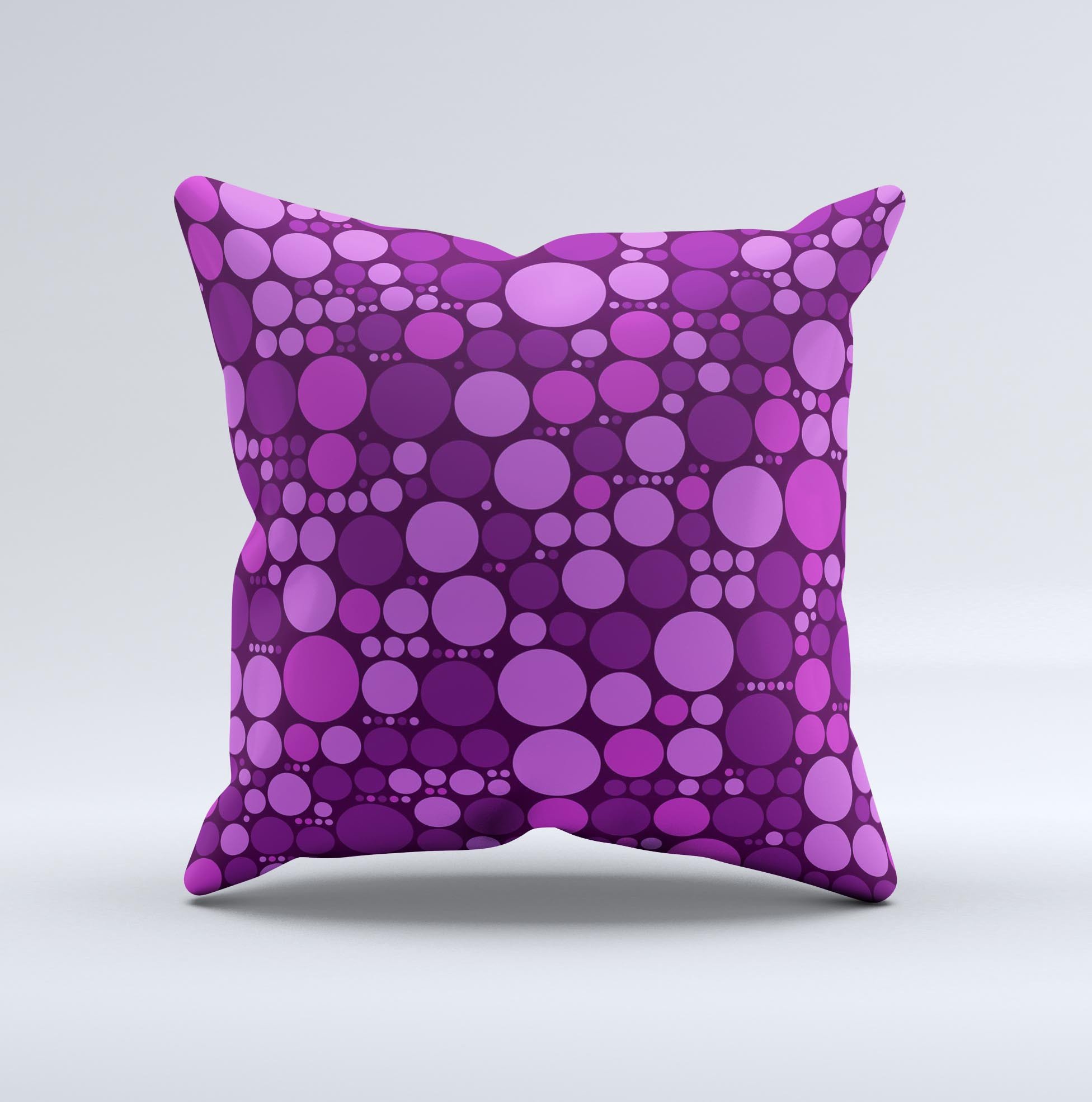 Purple Circles Pattern ink-Fuzed Decorative Throw Pillow showcasing vibrant colors and unique handcrafted design.