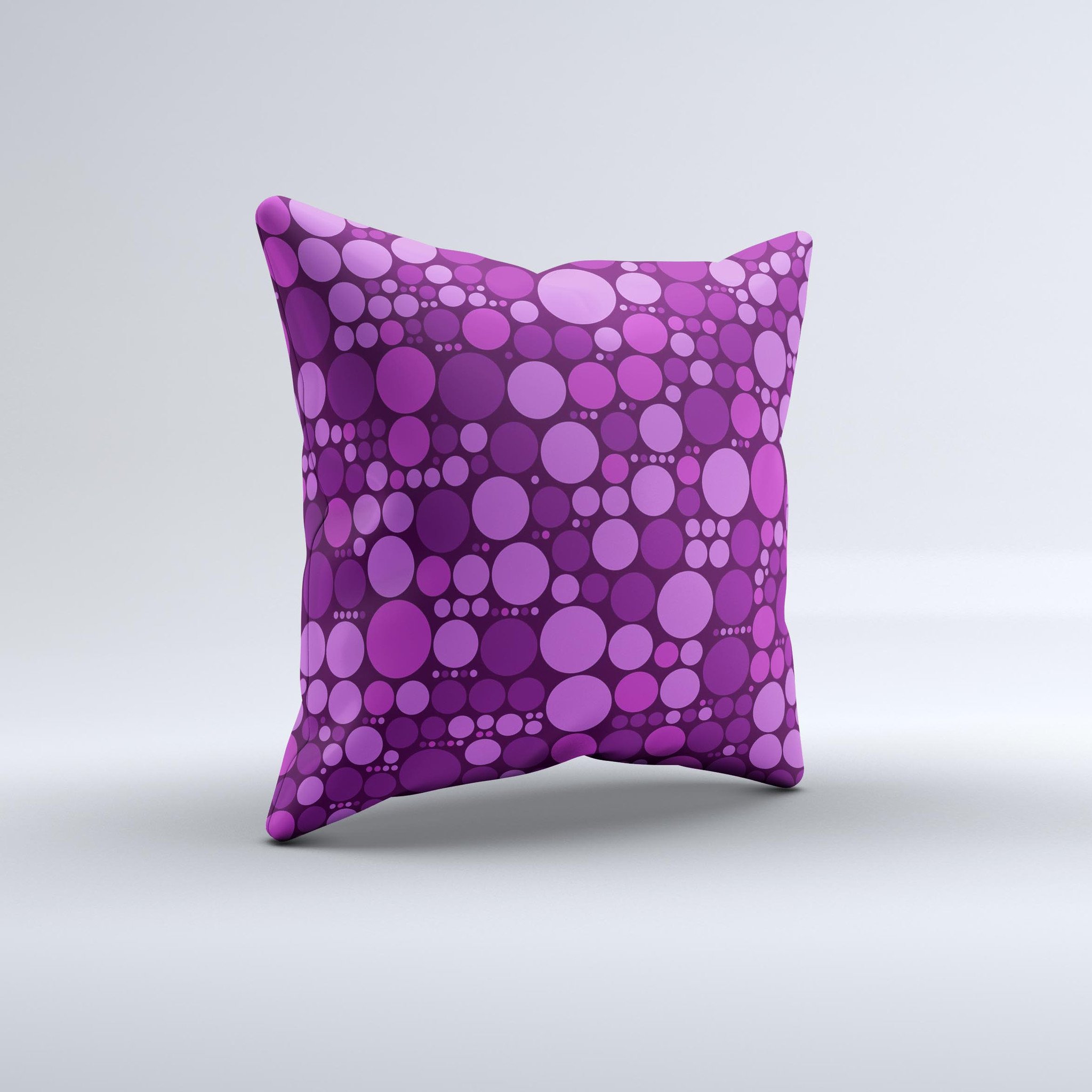 Purple Circles Pattern ink-Fuzed Decorative Throw Pillow showcasing vibrant colors and unique handcrafted design.