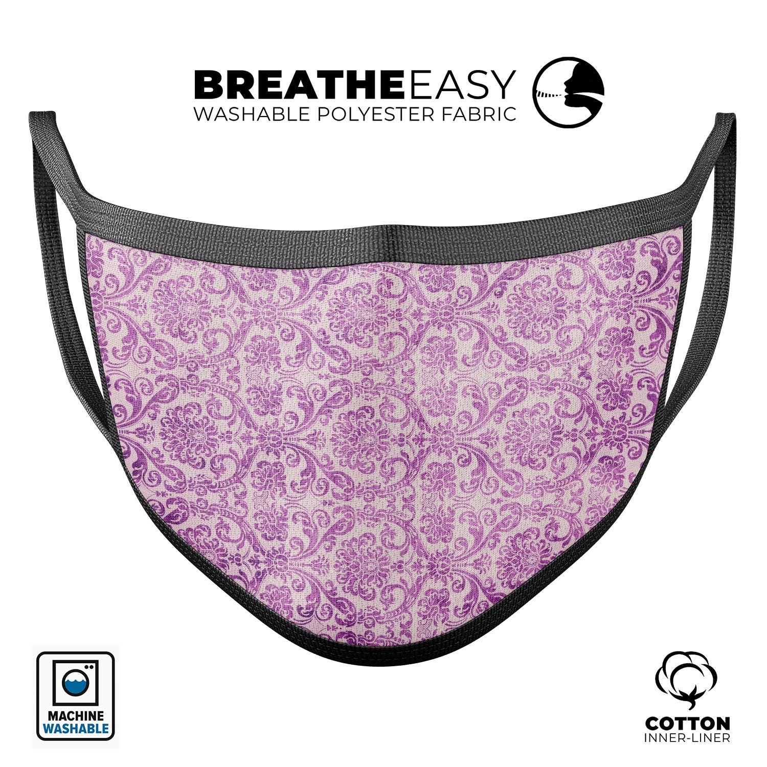 Purple Damask Grunge Pattern mouth cover, showcasing intricate design and adjustable ear loops for a comfortable fit.