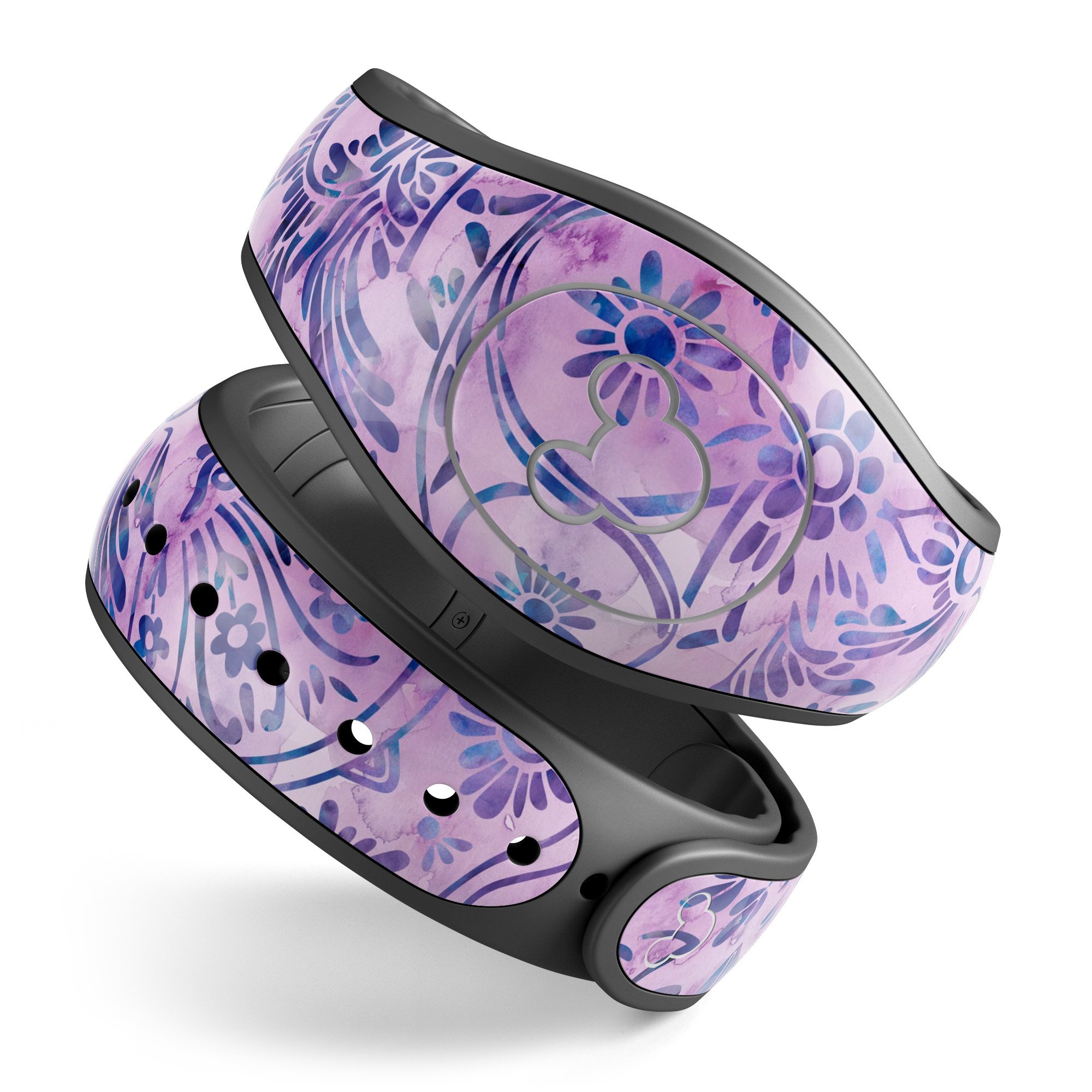 Purple Damask Watercolor Pattern skin wrap kit for Disney Magic Band, showcasing vibrant colors and intricate design.