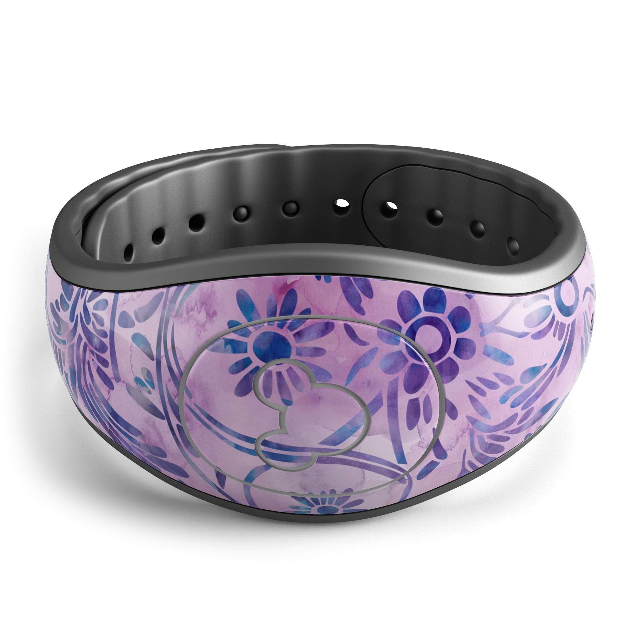 Purple Damask Watercolor Pattern skin wrap kit for Disney Magic Band, showcasing vibrant colors and intricate design.