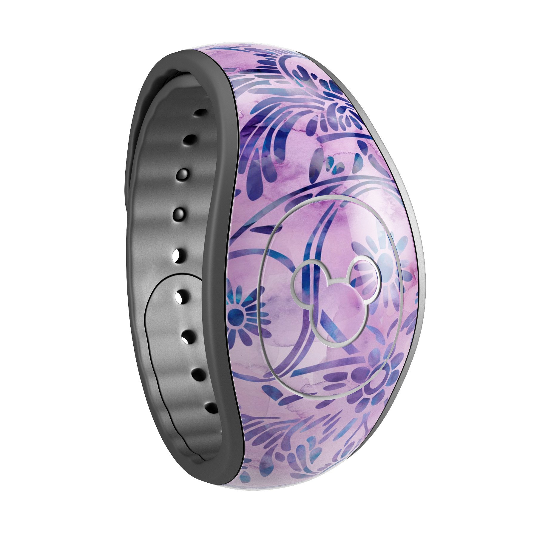 Purple Damask Watercolor Pattern skin wrap kit for Disney Magic Band, showcasing vibrant colors and intricate design.