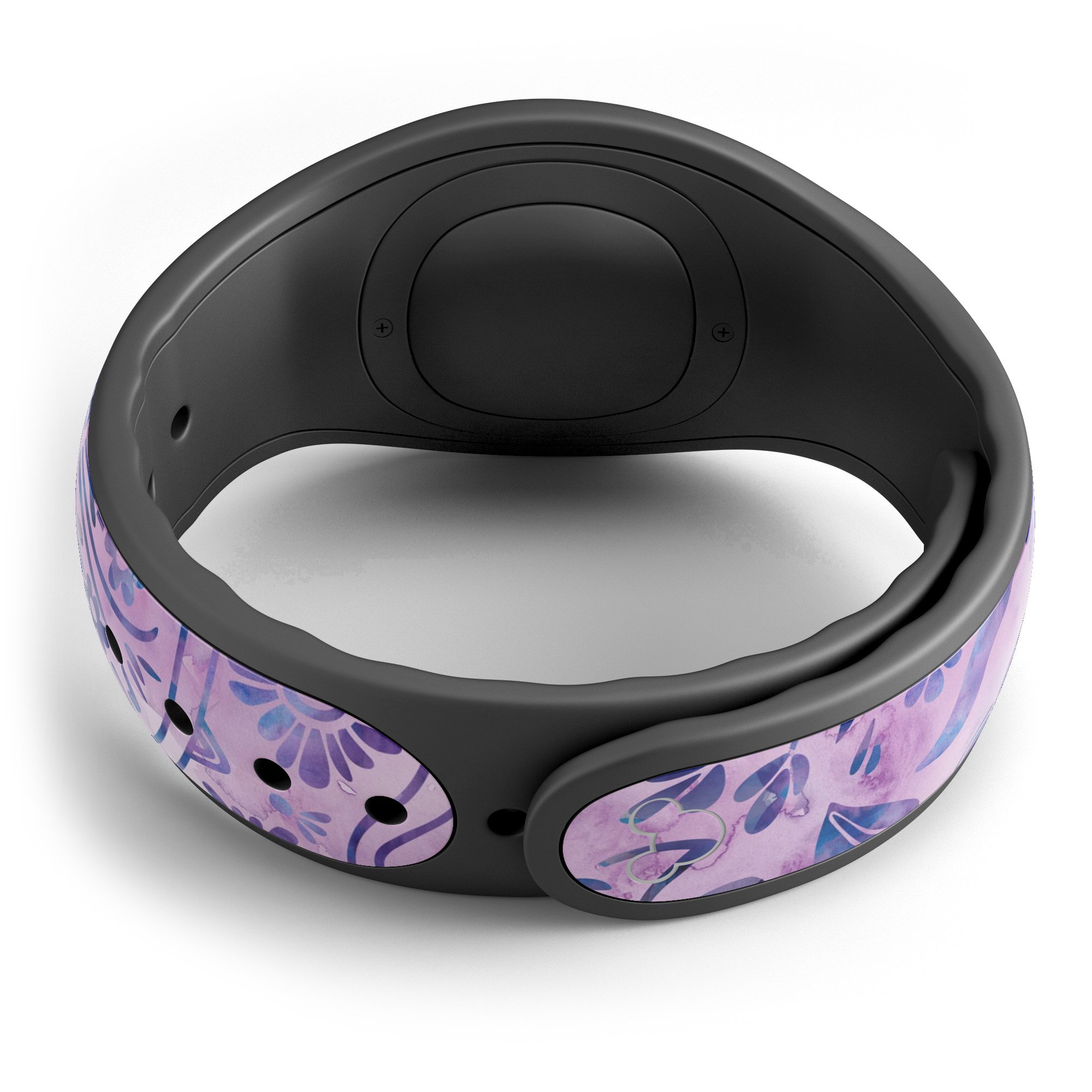 Purple Damask Watercolor Pattern skin wrap kit for Disney Magic Band, showcasing vibrant colors and intricate design.