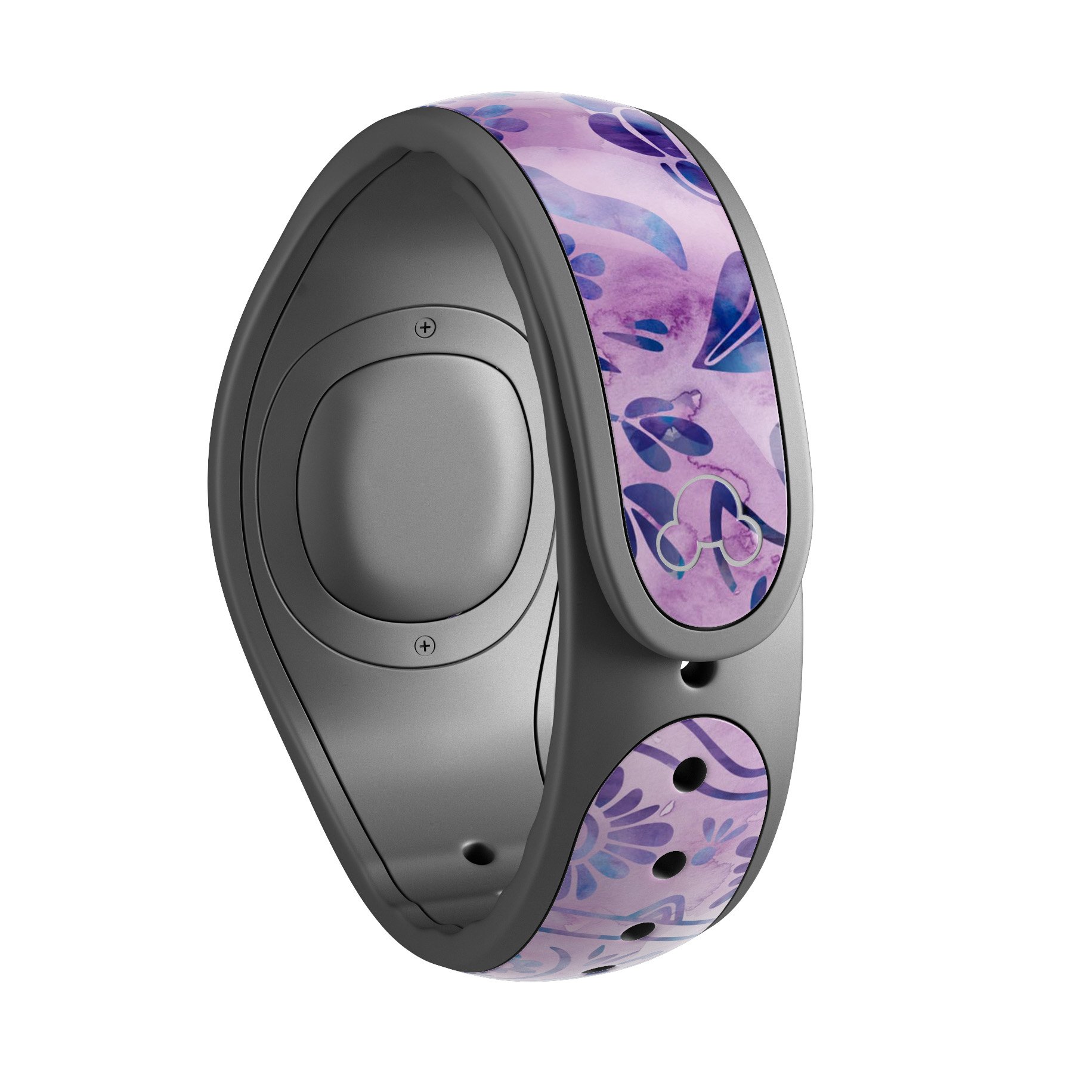 Purple Damask Watercolor Pattern skin wrap kit for Disney Magic Band, showcasing vibrant colors and intricate design.