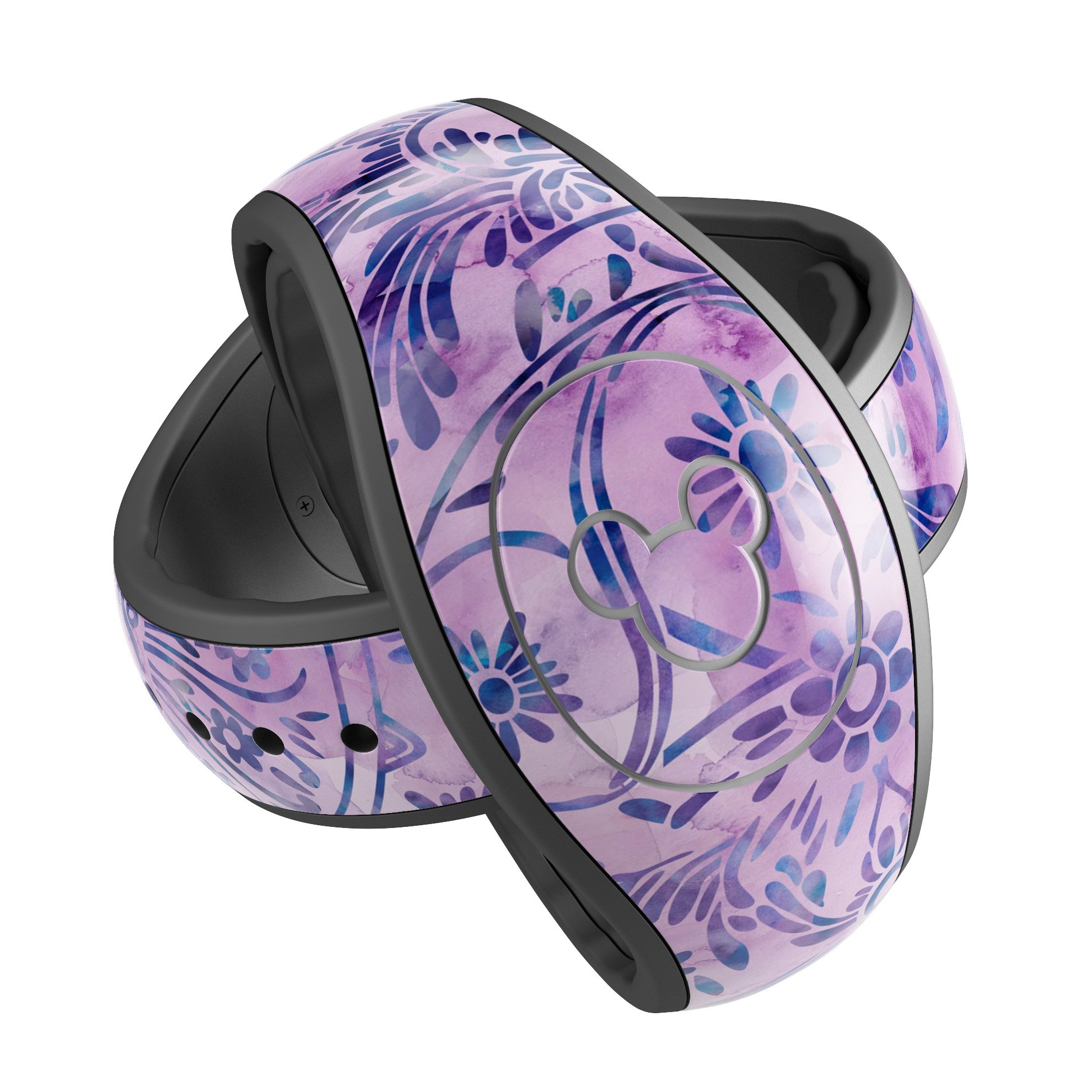 Purple Damask Watercolor Pattern skin wrap kit for Disney Magic Band, showcasing vibrant colors and intricate design.