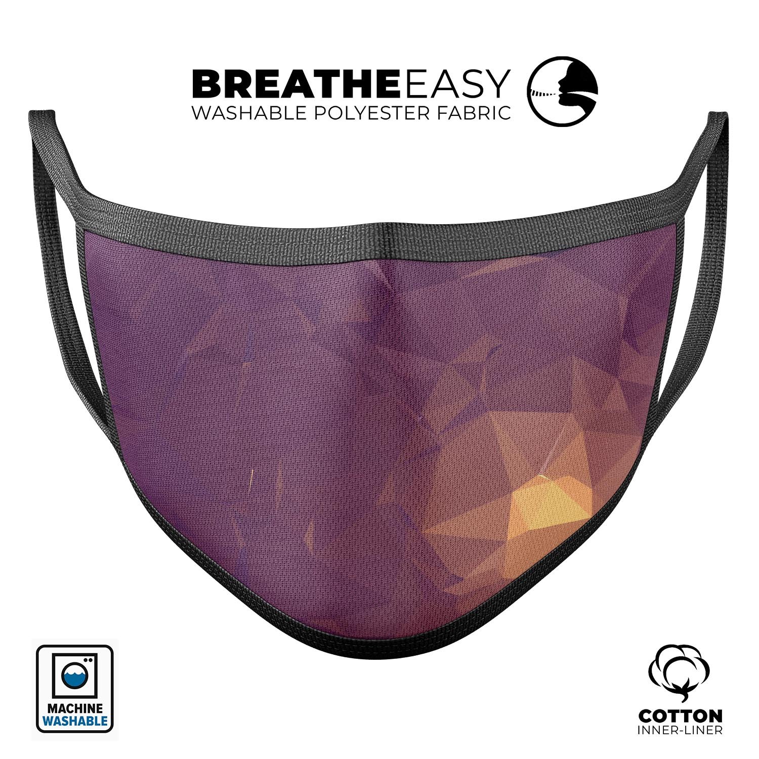 Purple Geometric V18 mouth cover, unisex anti-dust cotton mask with adjustable ear loops, made in the USA.