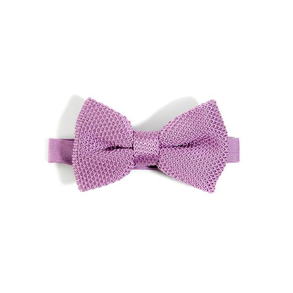 A stylish purple knitted bow tie displayed on a white background, showcasing its unique texture and vibrant color.