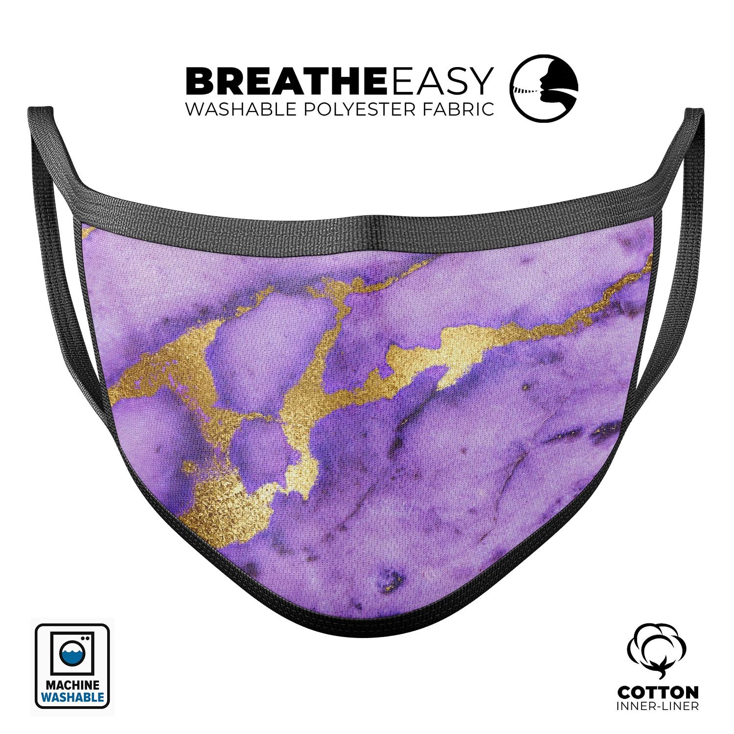 Purple Marble & Digital Gold Foil reusable mouth cover, showcasing vibrant colors and adjustable ear loops for a comfortable fit.