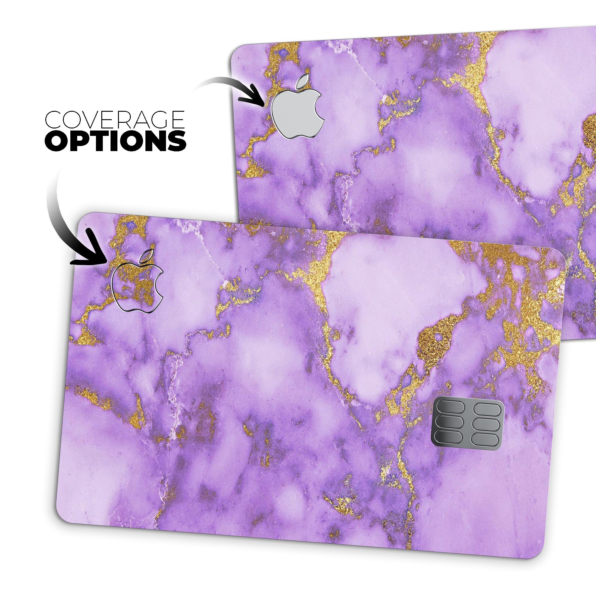 Purple Marble and Digital Gold Foil V2 decal for Apple Card, showcasing a stylish design with premium vinyl protection.