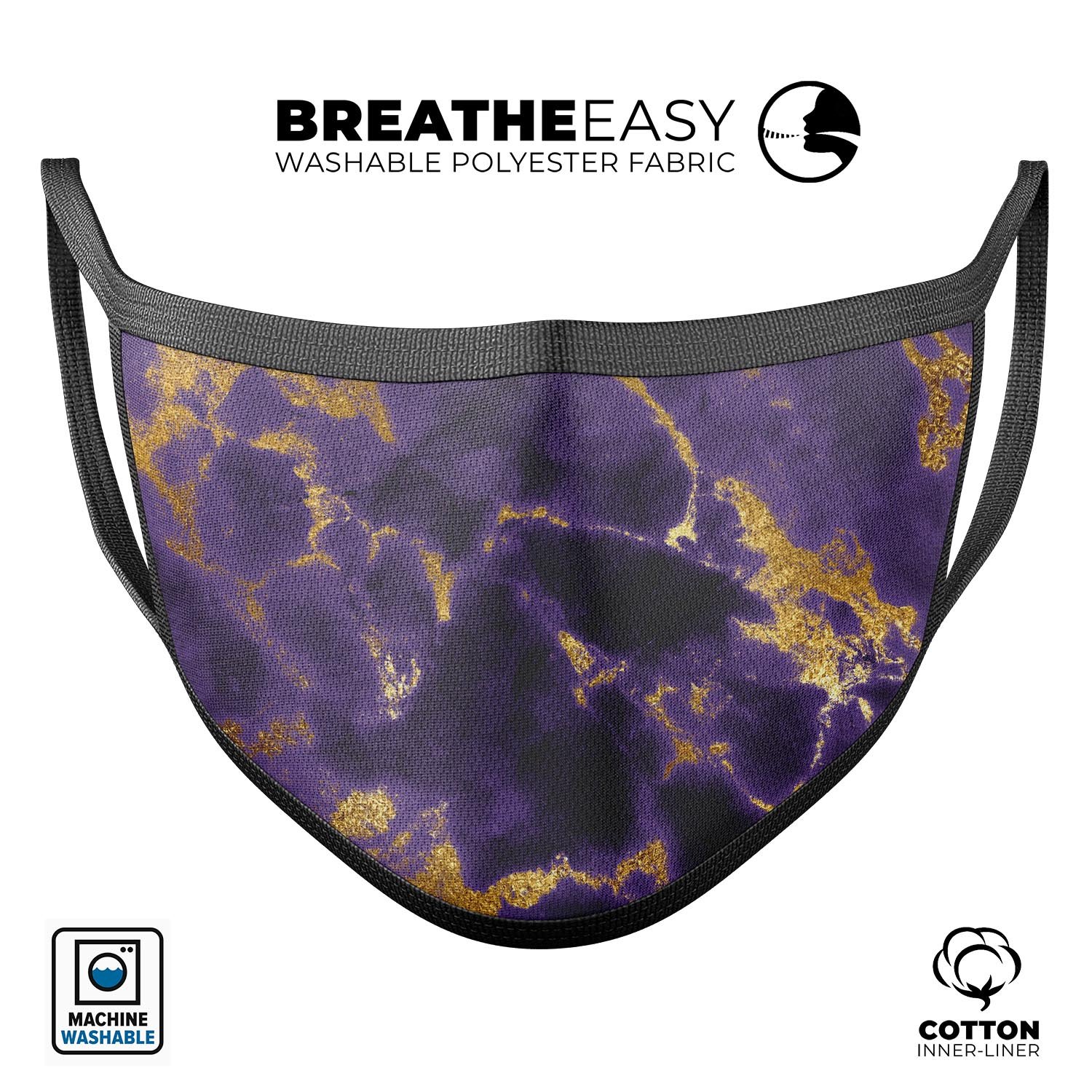 Purple Marble & Digital Gold Foil V3 mouth cover, showcasing vibrant colors and adjustable ear loops for a comfortable fit.