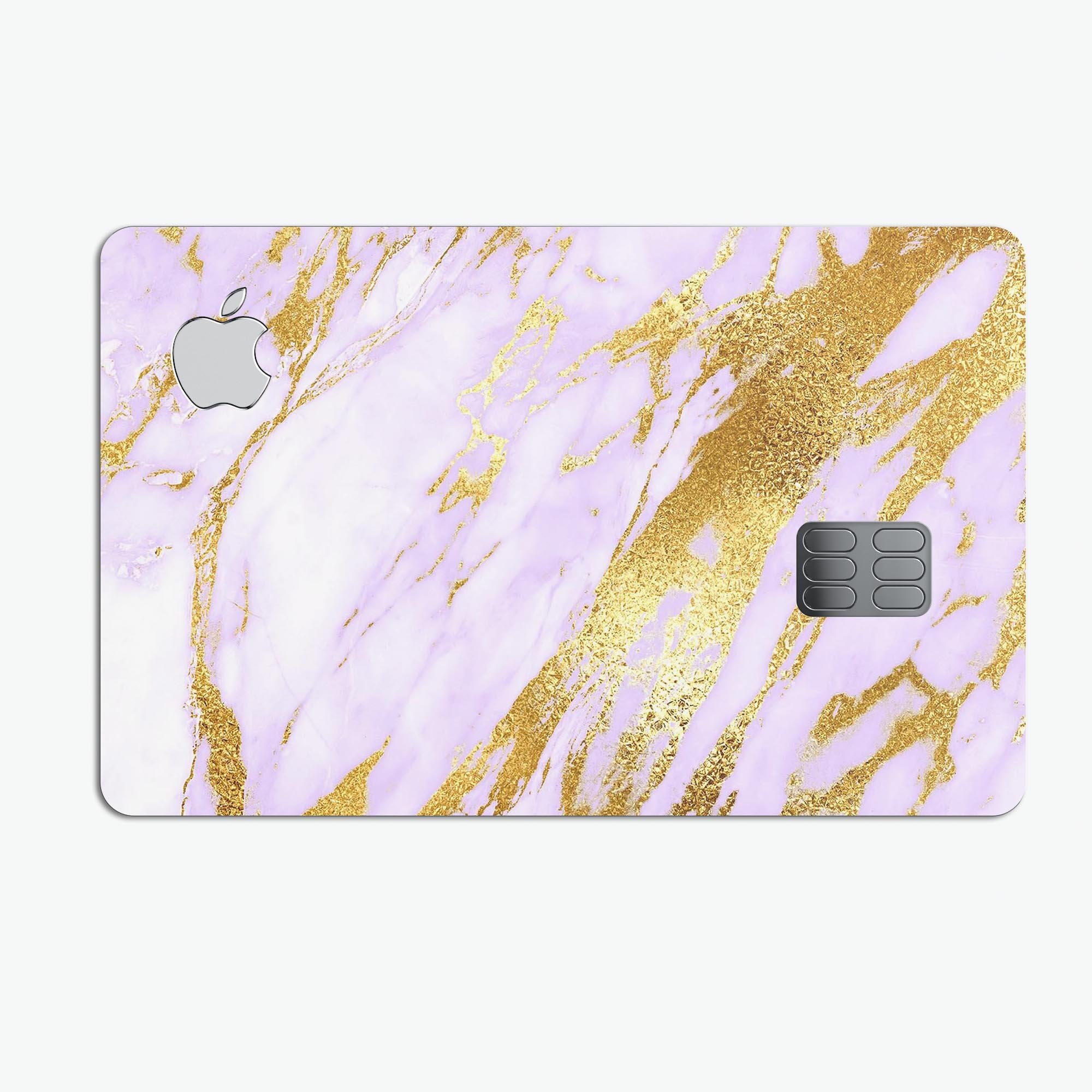 Purple Marble and Digital Gold Foil V7 decal on an Apple Card, showcasing its stylish design and premium quality.