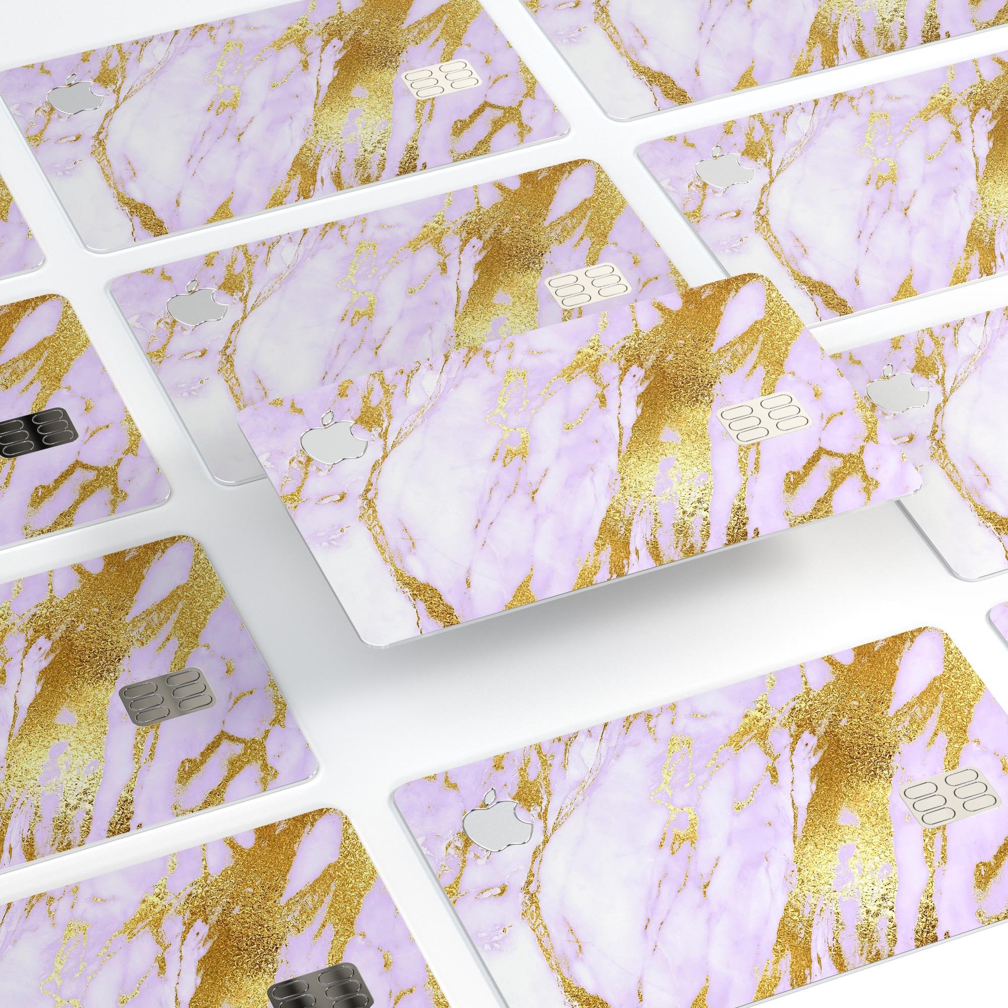 Purple Marble and Digital Gold Foil V7 decal on an Apple Card, showcasing its stylish design and premium quality.