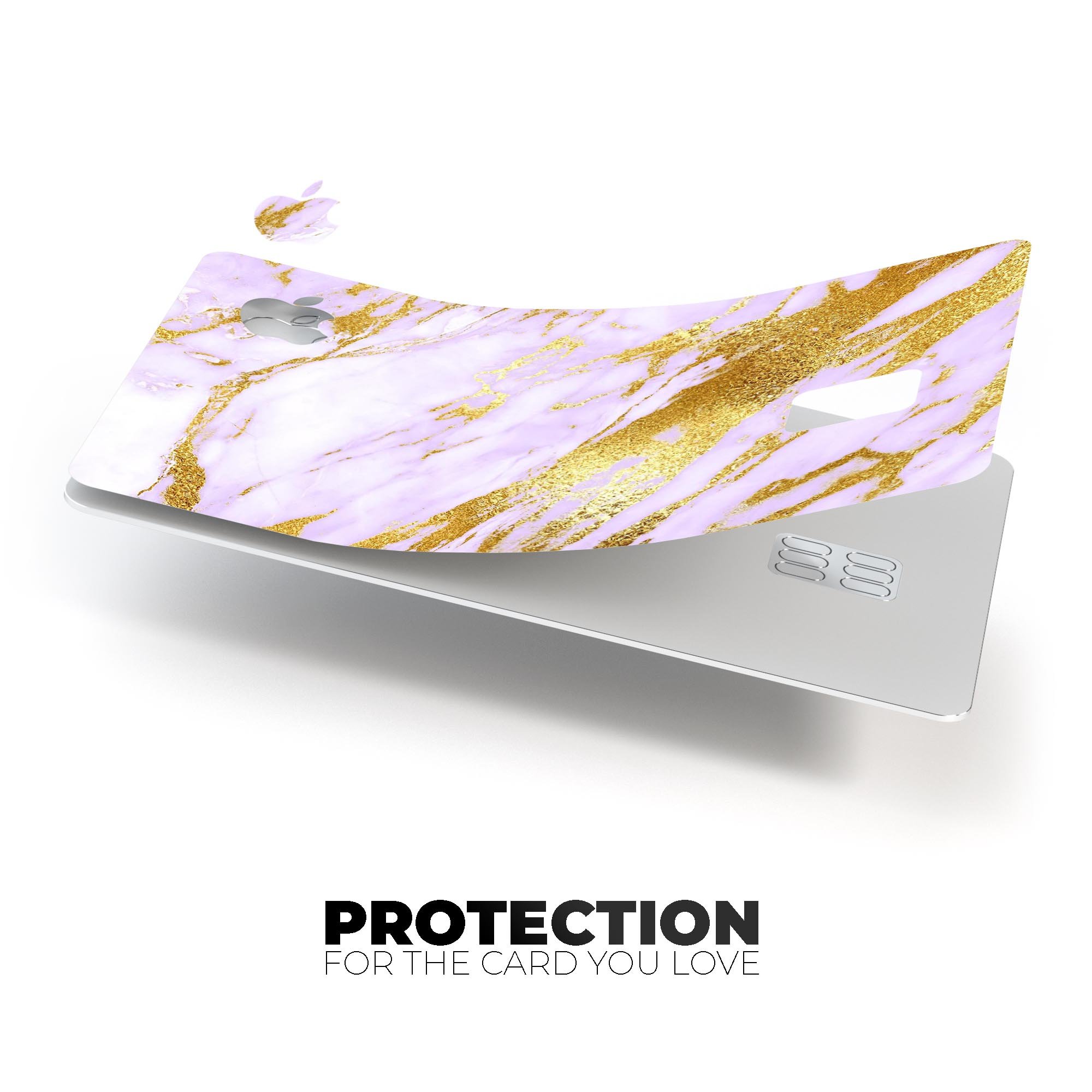 Purple Marble and Digital Gold Foil V7 decal on an Apple Card, showcasing its stylish design and premium quality.