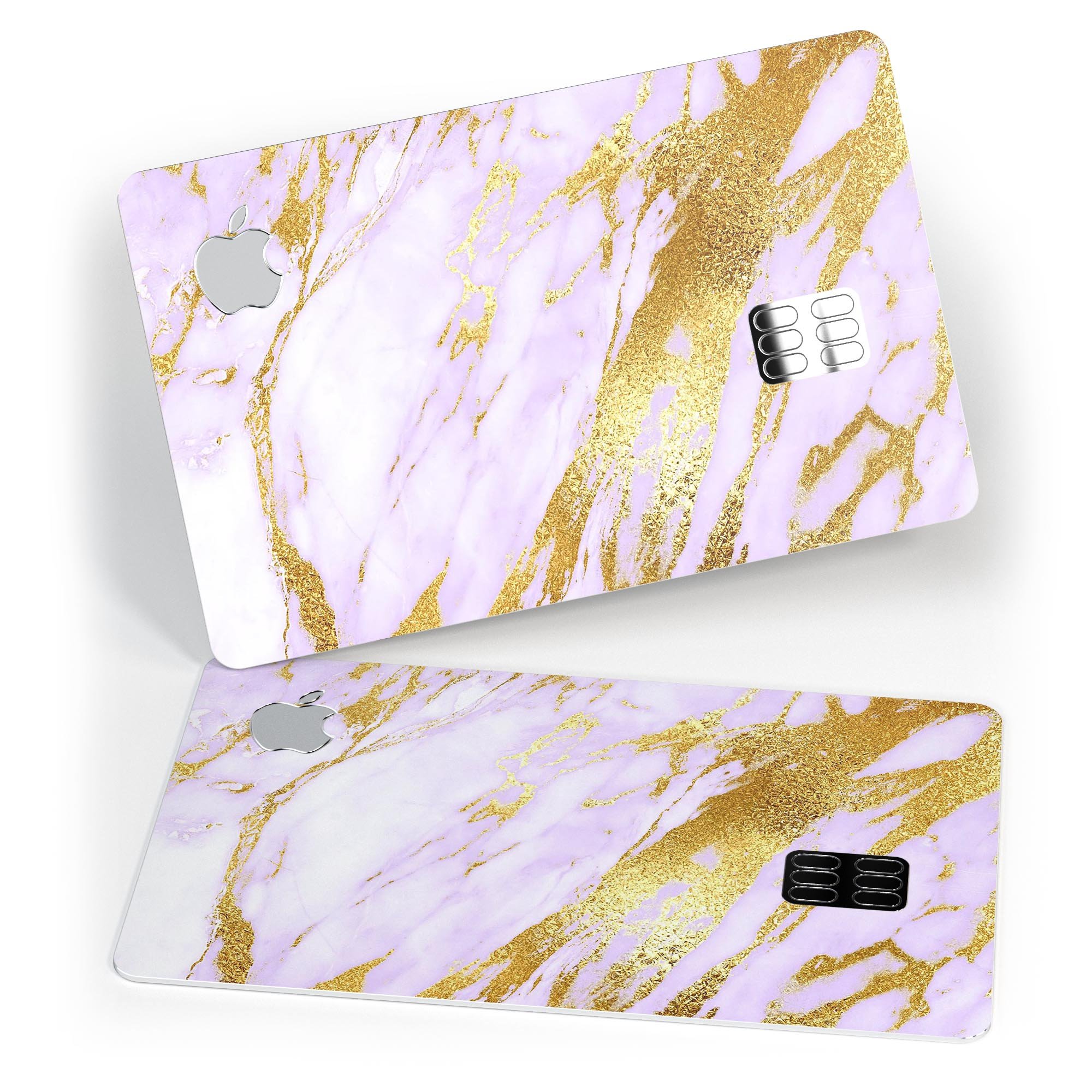 Purple Marble and Digital Gold Foil V7 decal on an Apple Card, showcasing its stylish design and premium quality.