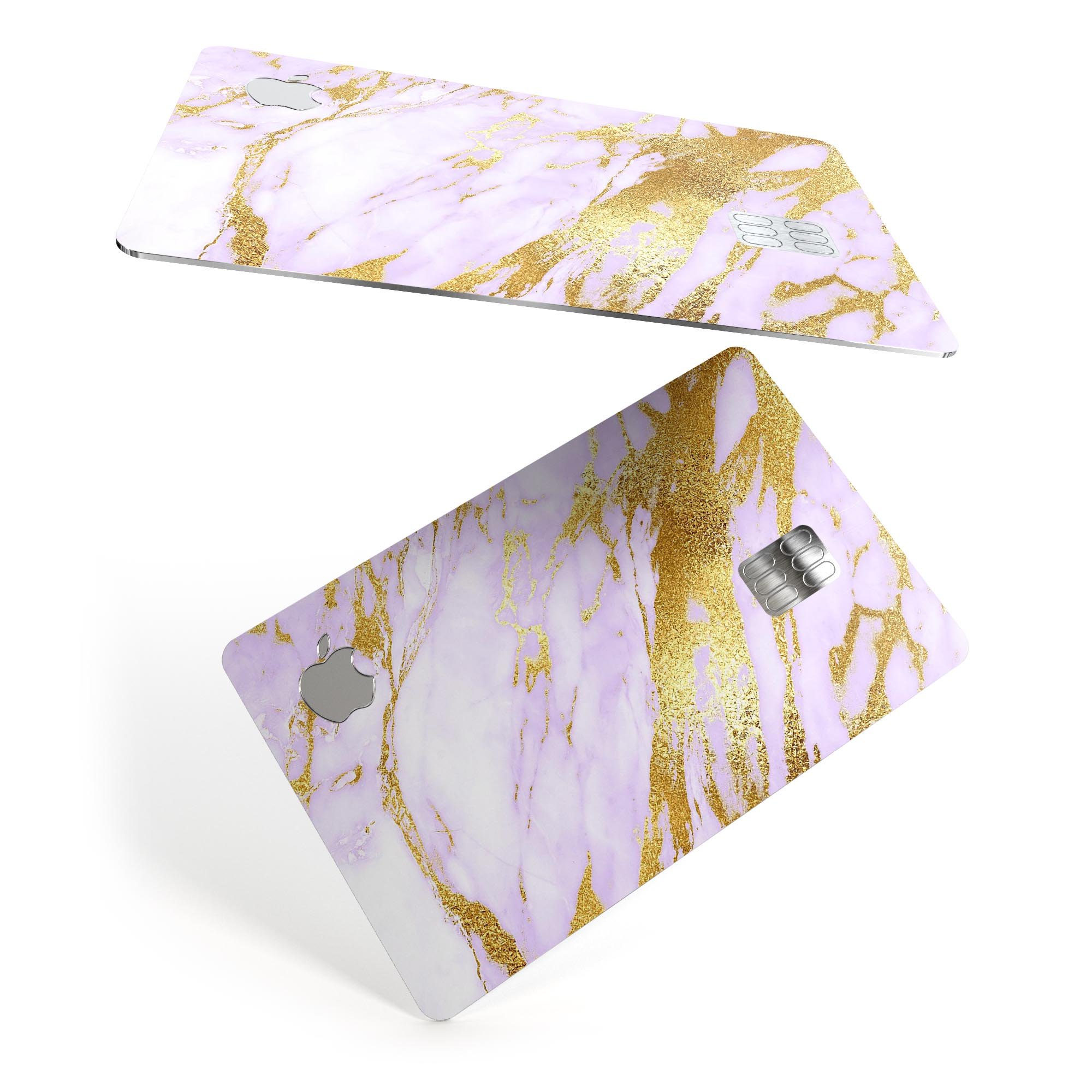 Purple Marble and Digital Gold Foil V7 decal on an Apple Card, showcasing its stylish design and premium quality.