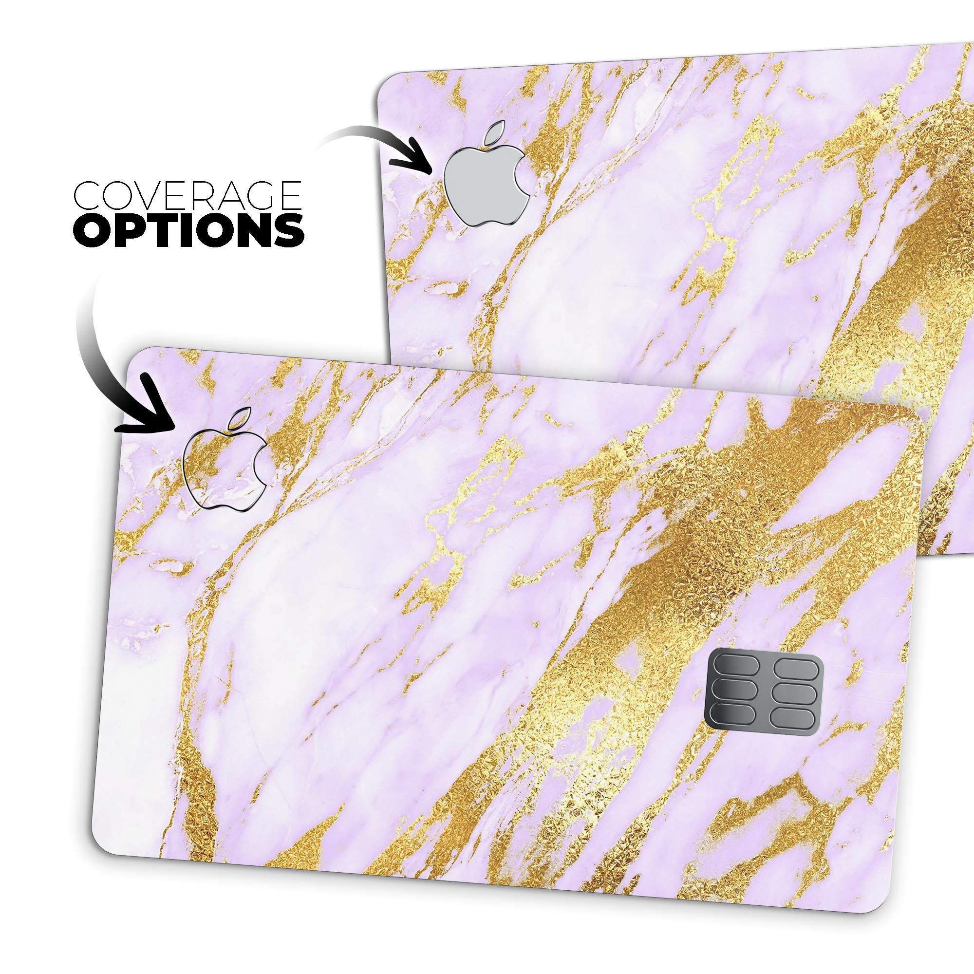 Purple Marble and Digital Gold Foil V7 decal on an Apple Card, showcasing its stylish design and premium quality.