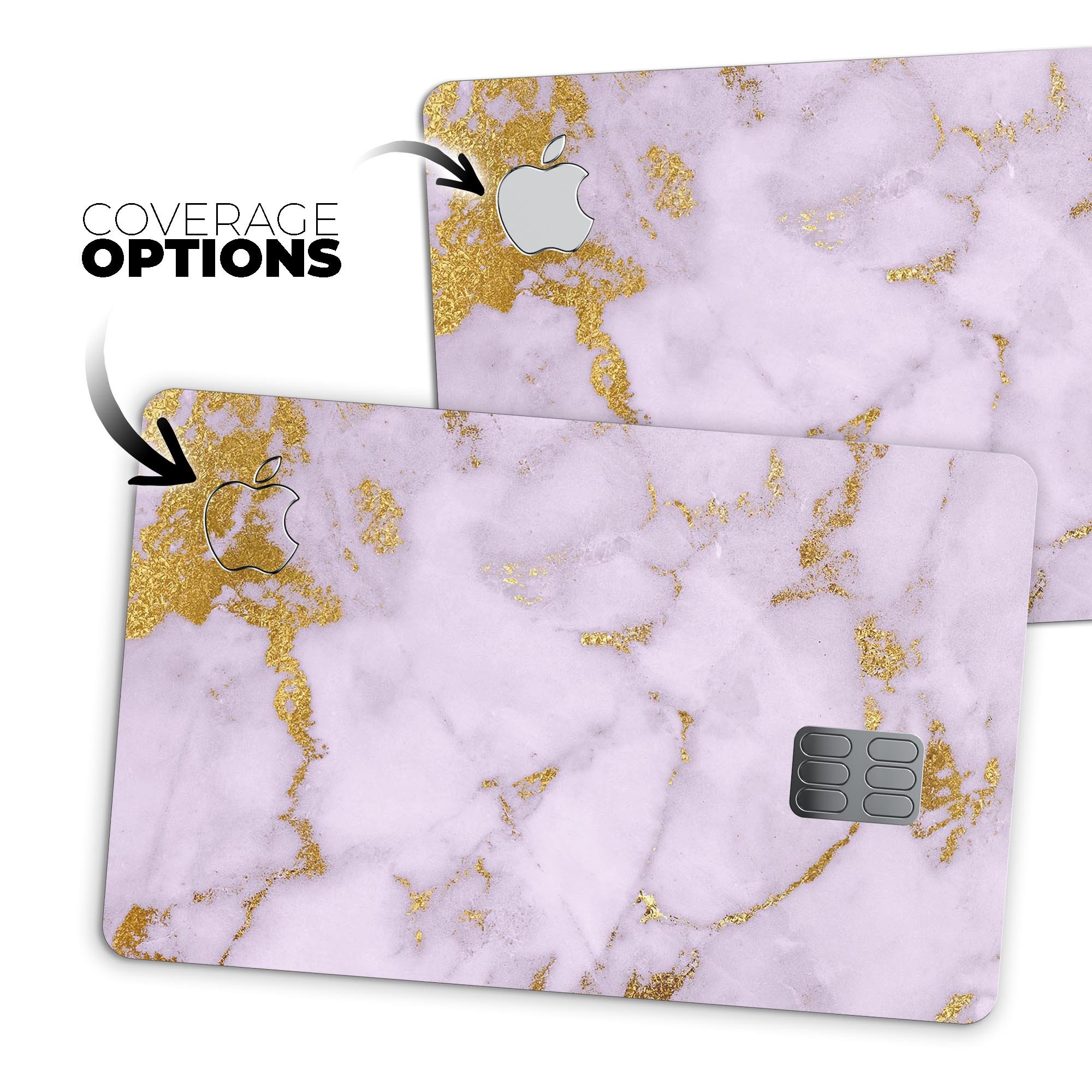 Purple Marble and Digital Gold Foil V9 decal for Apple Card, showcasing a stylish design with premium protective features.