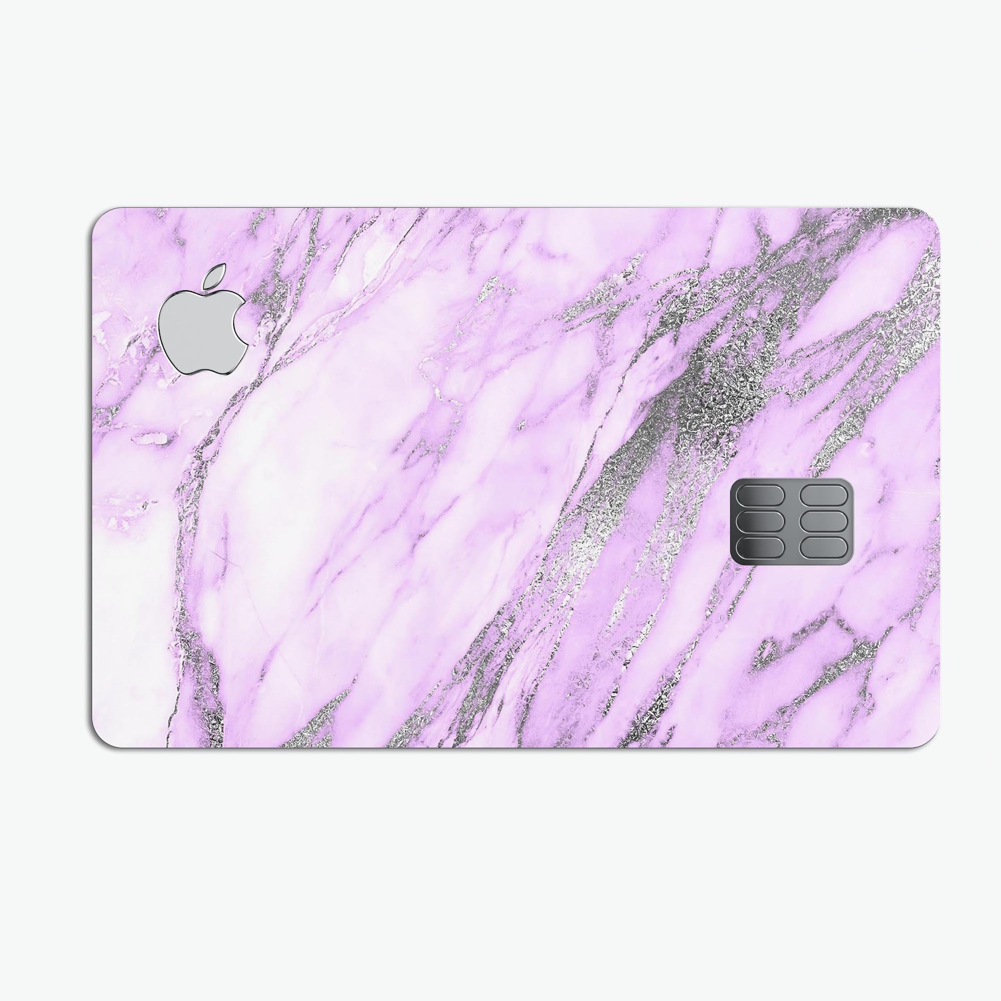 Purple Marble and Digital Silver Foil V10 decal on an Apple Card, showcasing its premium design and protective features.