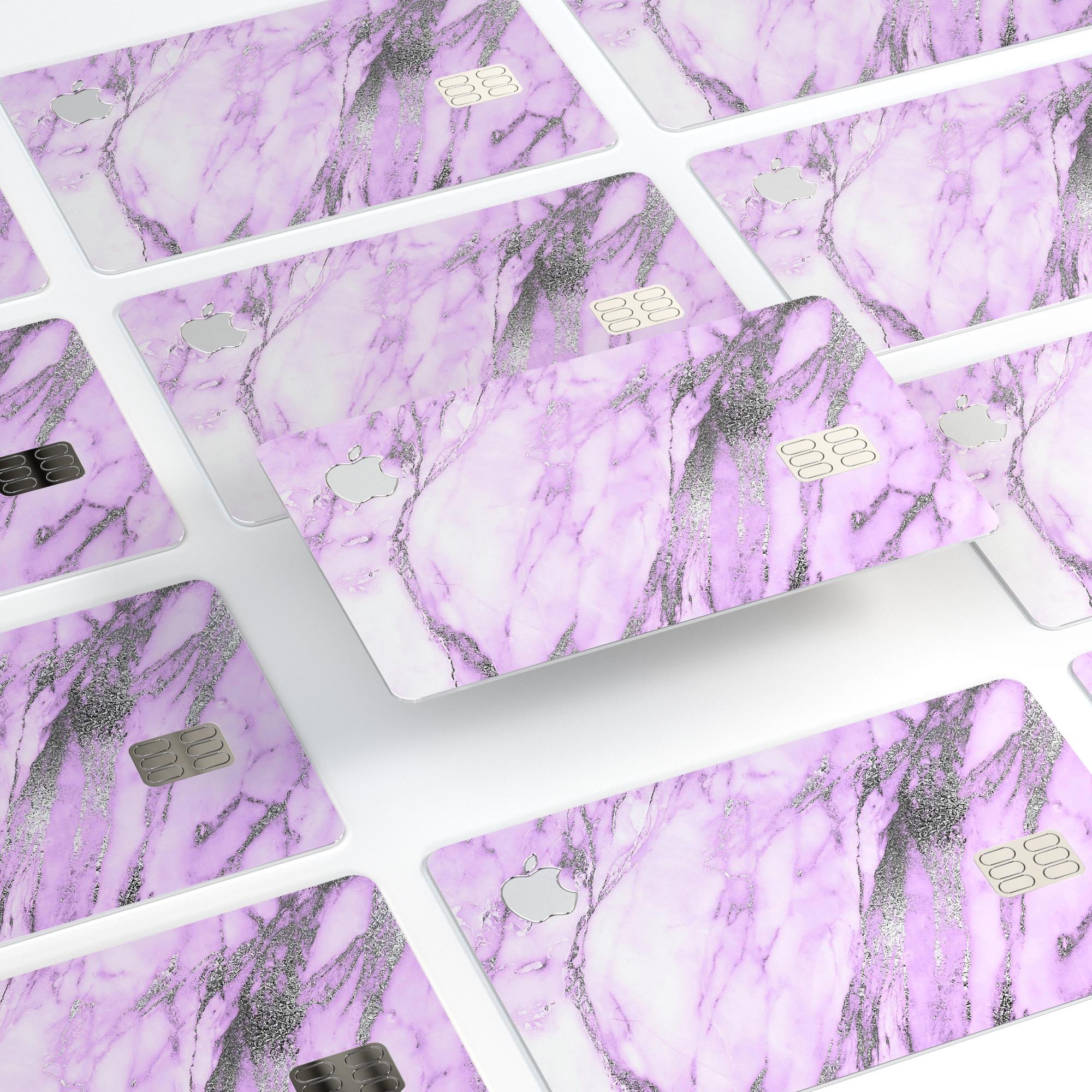 Purple Marble and Digital Silver Foil V10 decal on an Apple Card, showcasing its premium design and protective features.