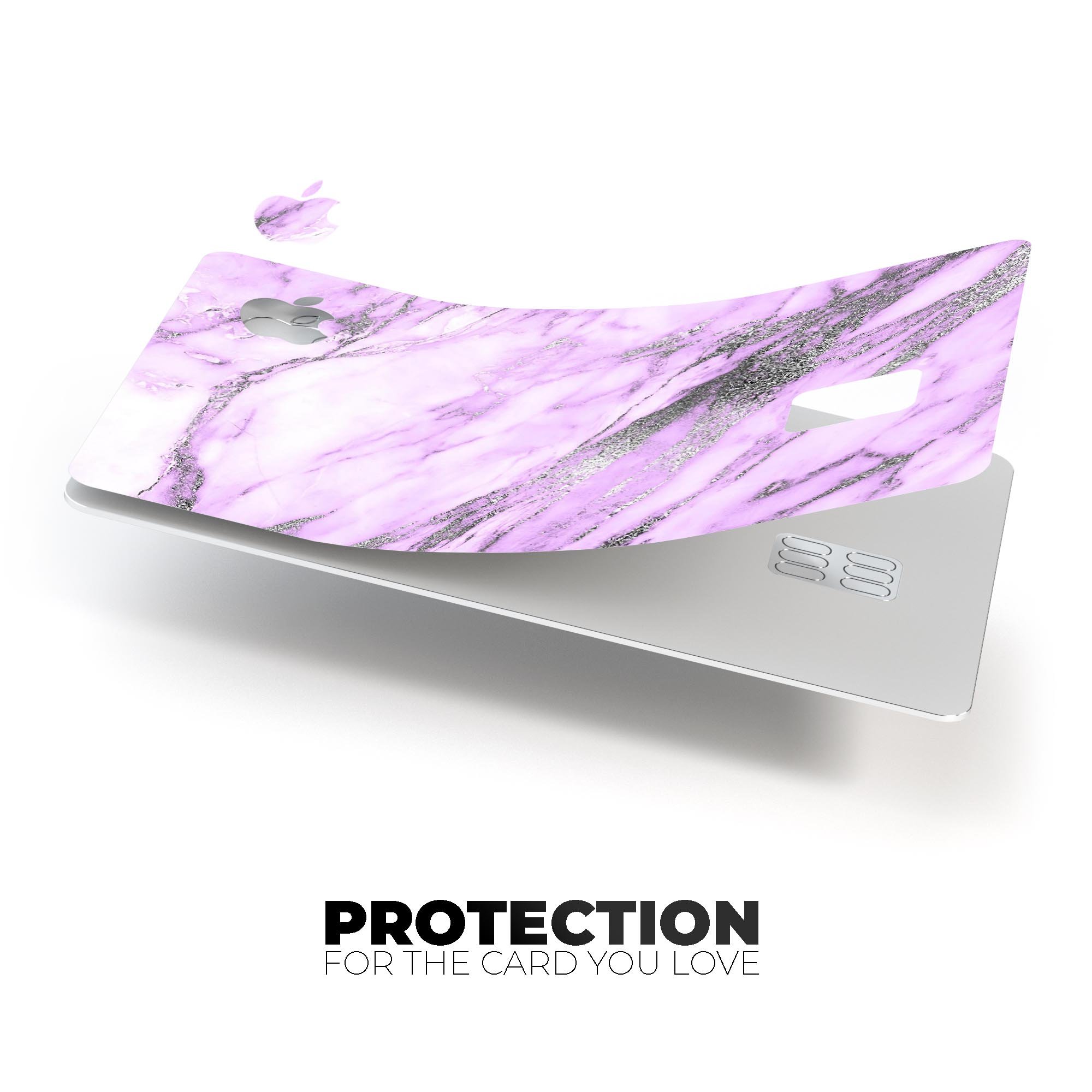 Purple Marble and Digital Silver Foil V10 decal on an Apple Card, showcasing its premium design and protective features.