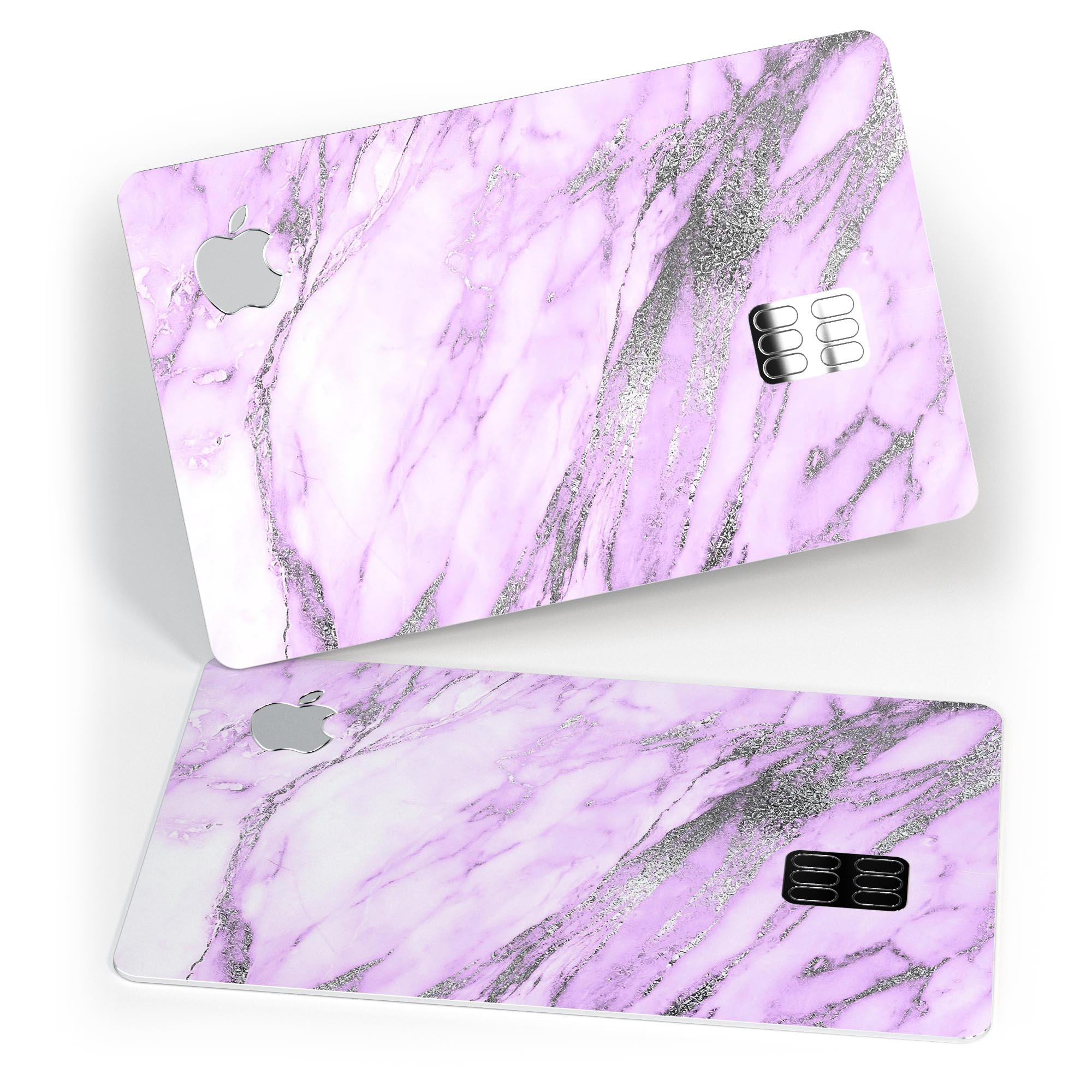 Purple Marble and Digital Silver Foil V10 decal on an Apple Card, showcasing its premium design and protective features.