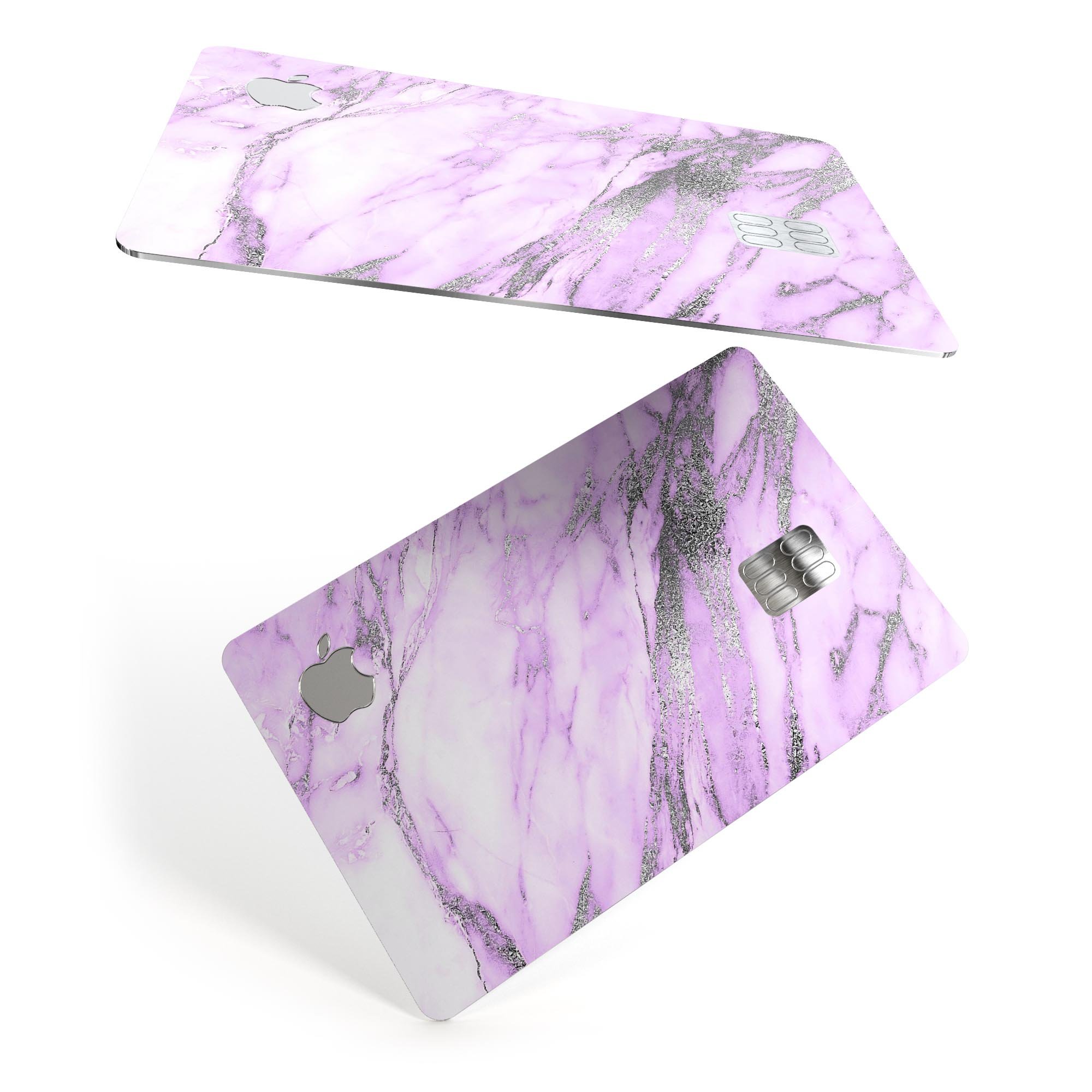 Purple Marble and Digital Silver Foil V10 decal on an Apple Card, showcasing its premium design and protective features.