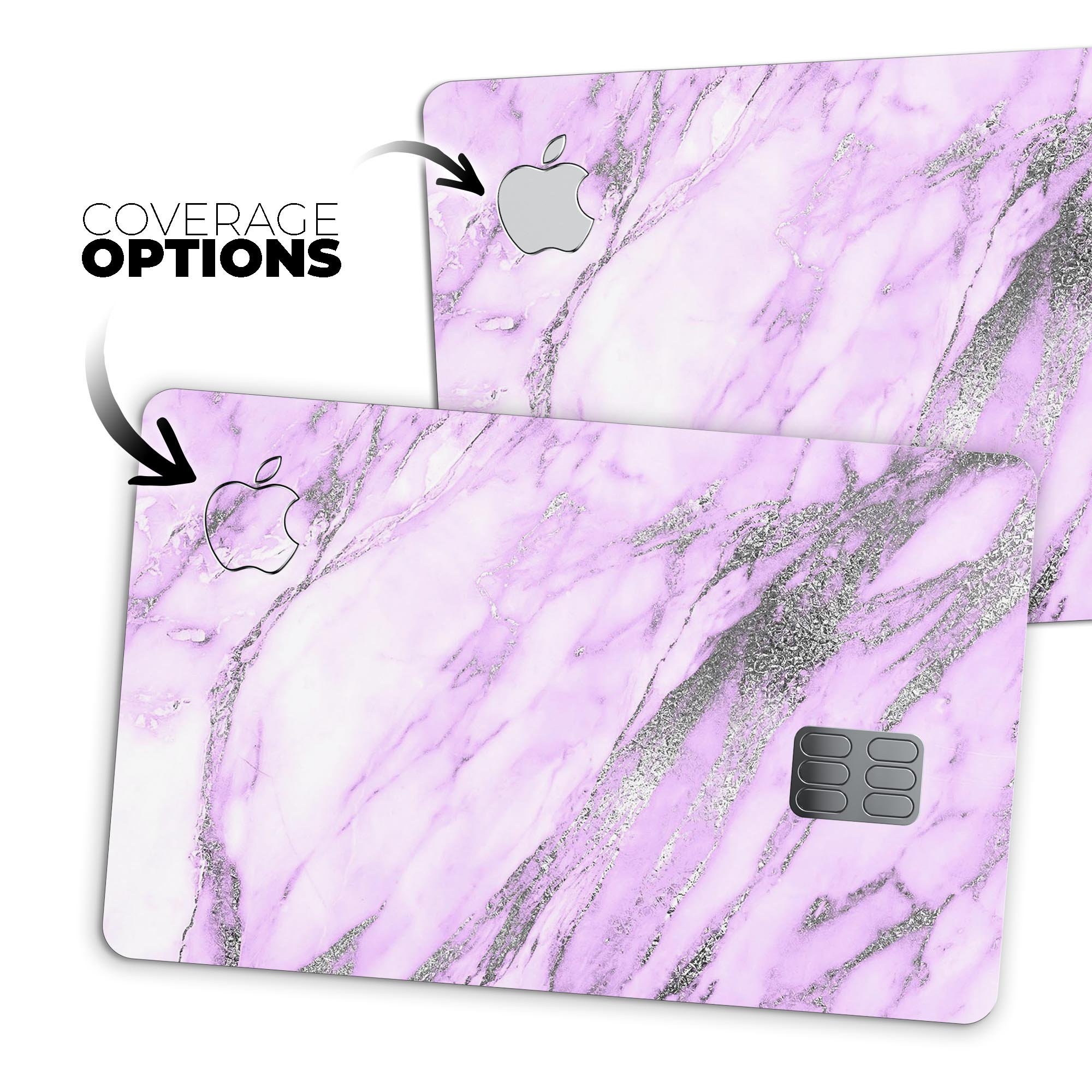 Purple Marble and Digital Silver Foil V10 decal on an Apple Card, showcasing its premium design and protective features.