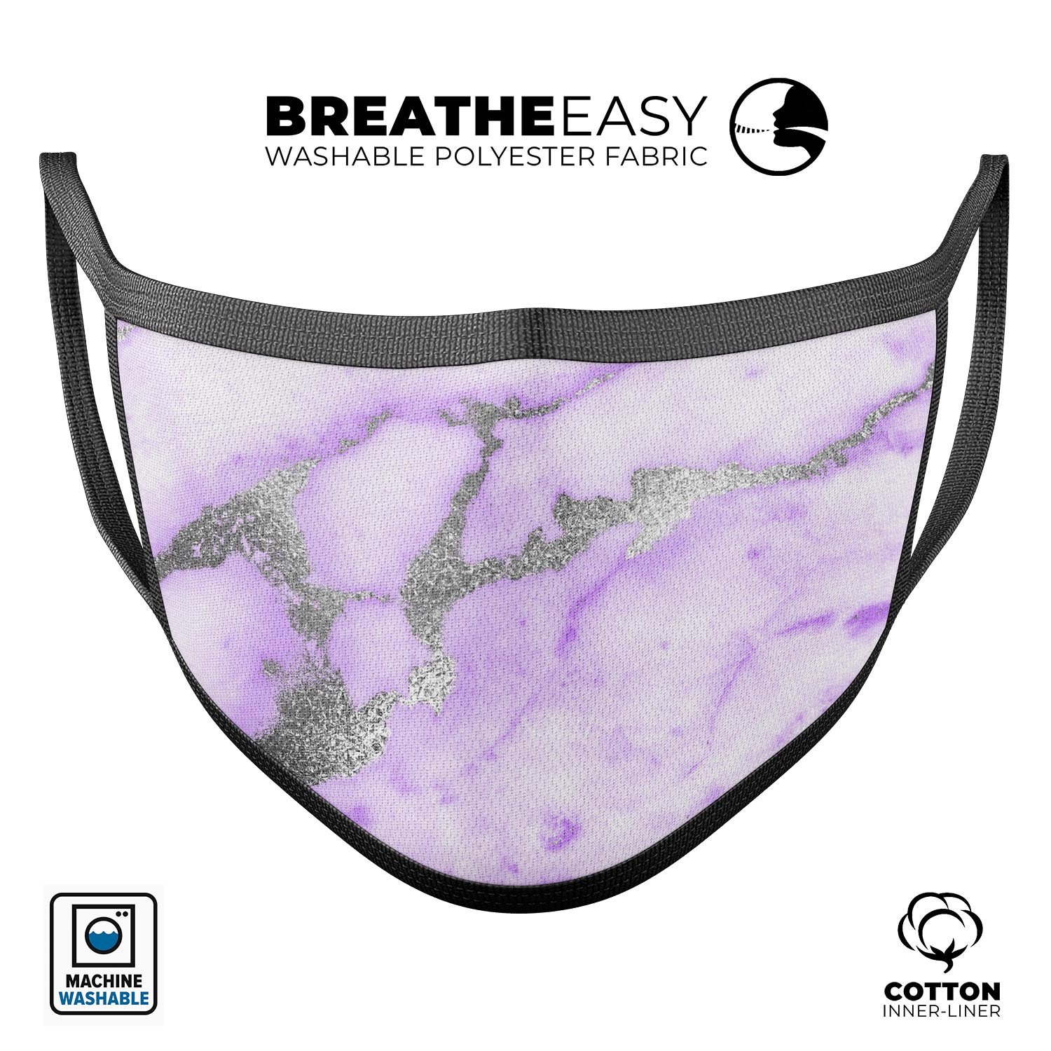 Purple Marble & Digital Silver Foil V3 mouth cover, showcasing a vibrant design with adjustable ear loops for a comfortable fit.