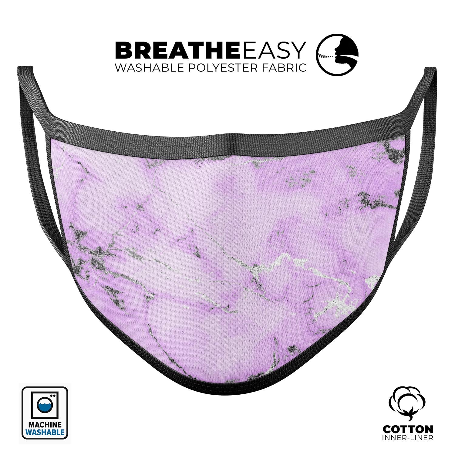 Purple Marble & Digital Silver Foil V4 mouth cover, showcasing a vibrant design with adjustable ear loops for a comfortable fit.