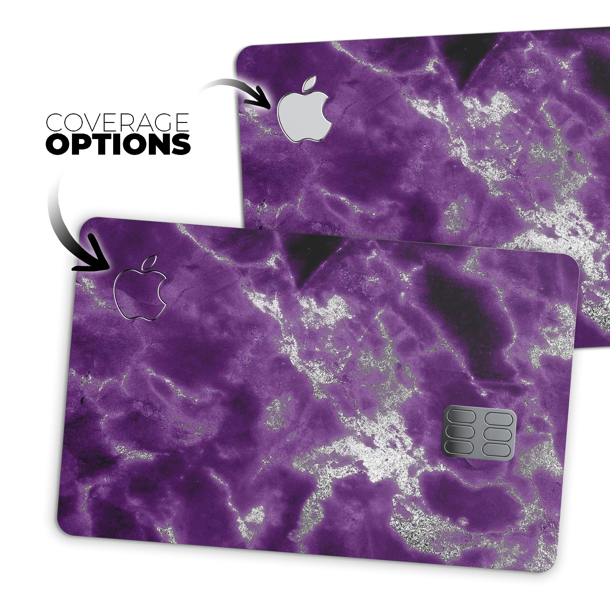 Purple Marble and Digital Silver Foil V5 decal for Apple Card, showcasing a stylish design with premium protective features.