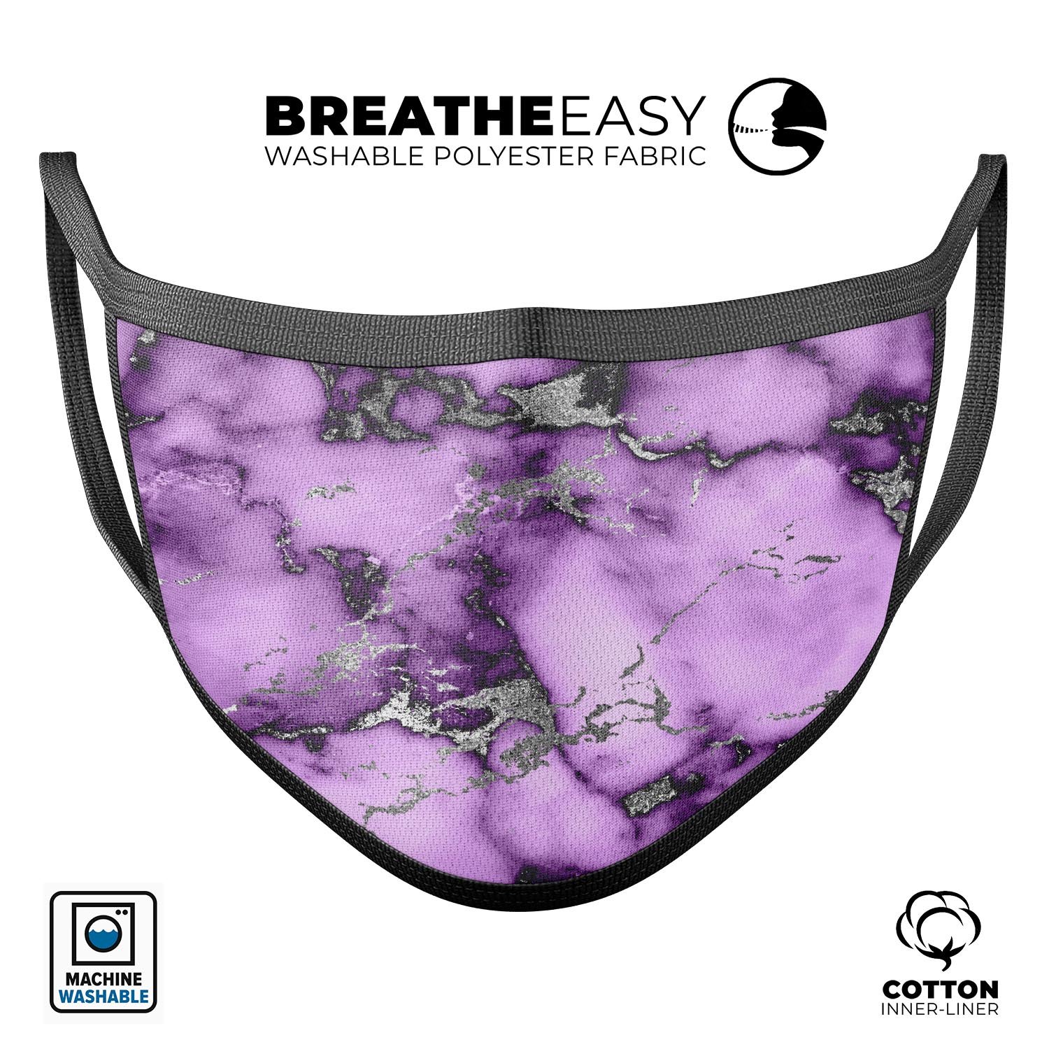 Purple Marble & Digital Silver Foil V6 mouth cover, showcasing a vibrant design with adjustable ear loops for a comfortable fit.