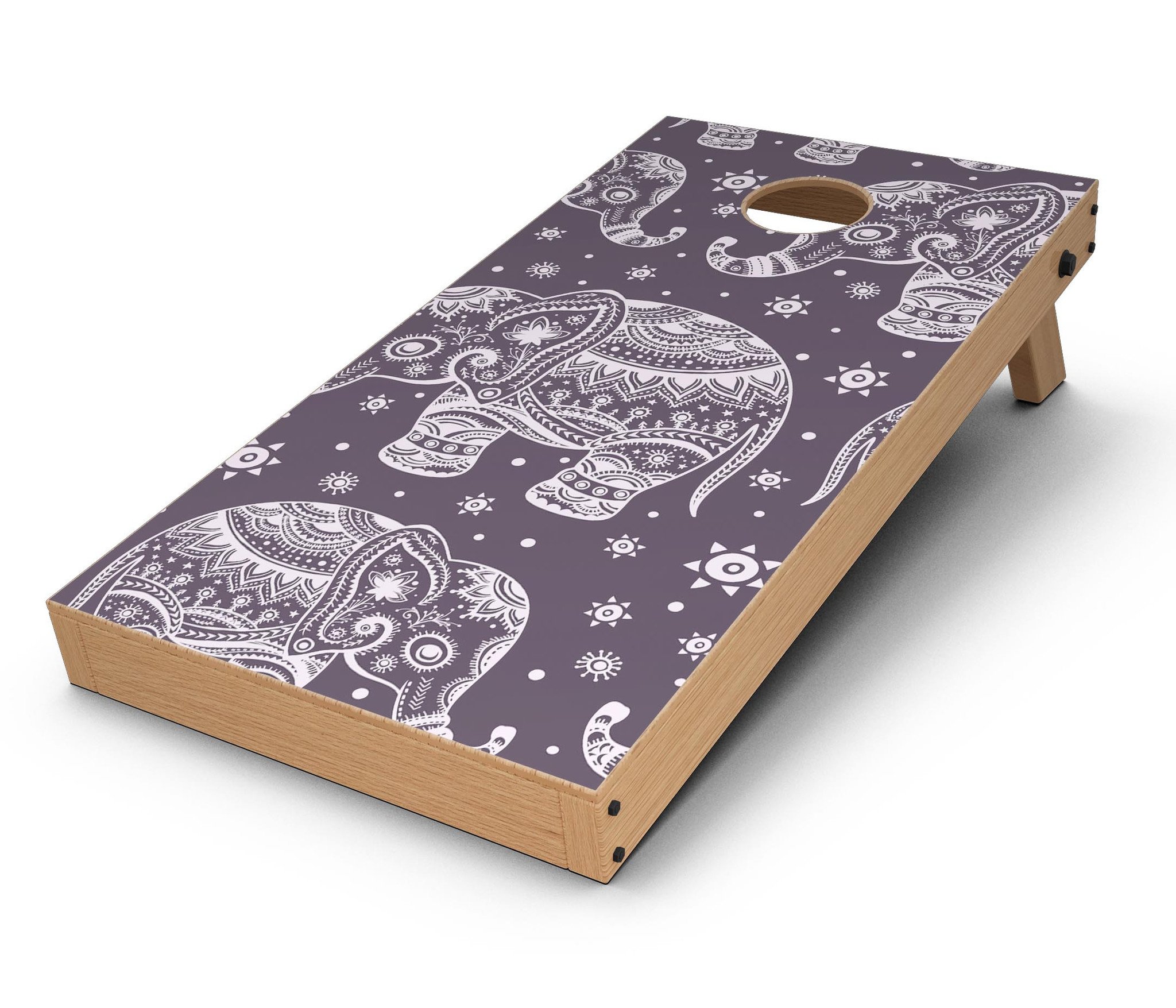 Purple Sacred Elephant Pattern CornHole Board Skin Decal Kit showcasing vibrant design and premium vinyl material.