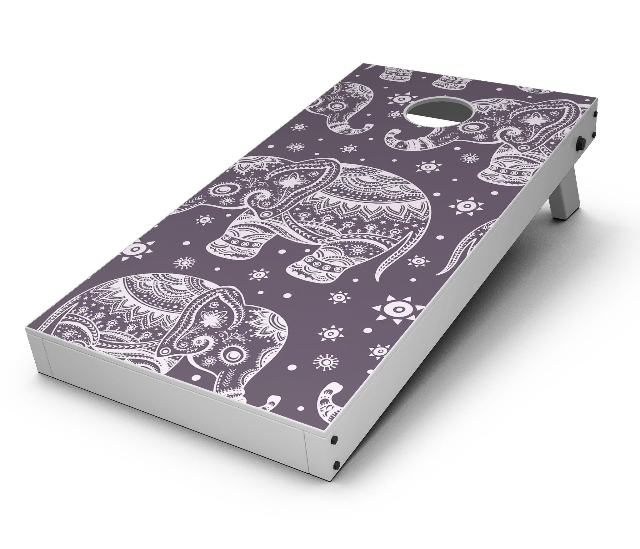 Purple Sacred Elephant Pattern CornHole Board Skin Decal Kit showcasing vibrant design and premium vinyl material.