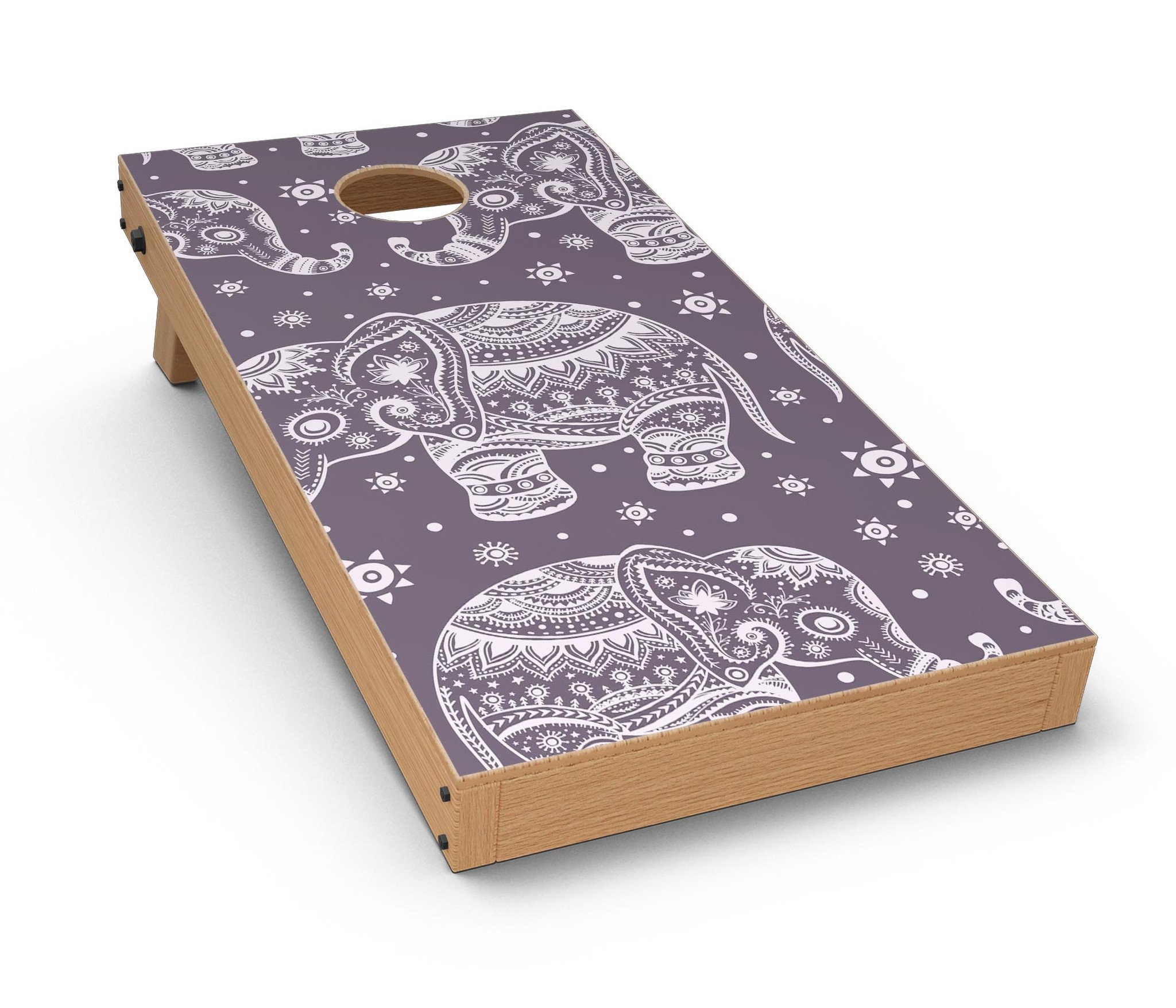 Purple Sacred Elephant Pattern CornHole Board Skin Decal Kit showcasing vibrant design and premium vinyl material.