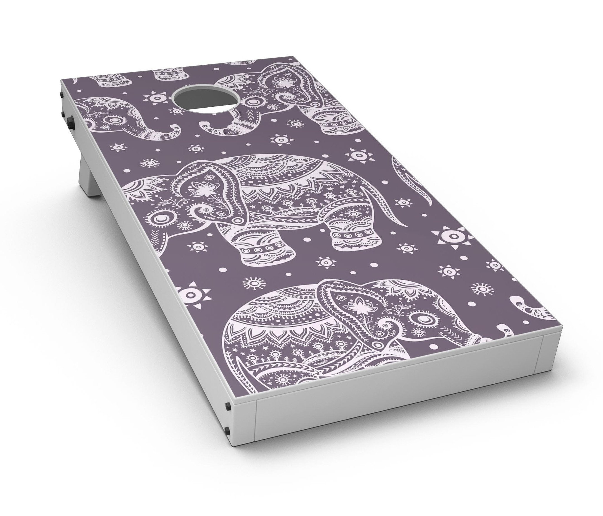 Purple Sacred Elephant Pattern CornHole Board Skin Decal Kit showcasing vibrant design and premium vinyl material.