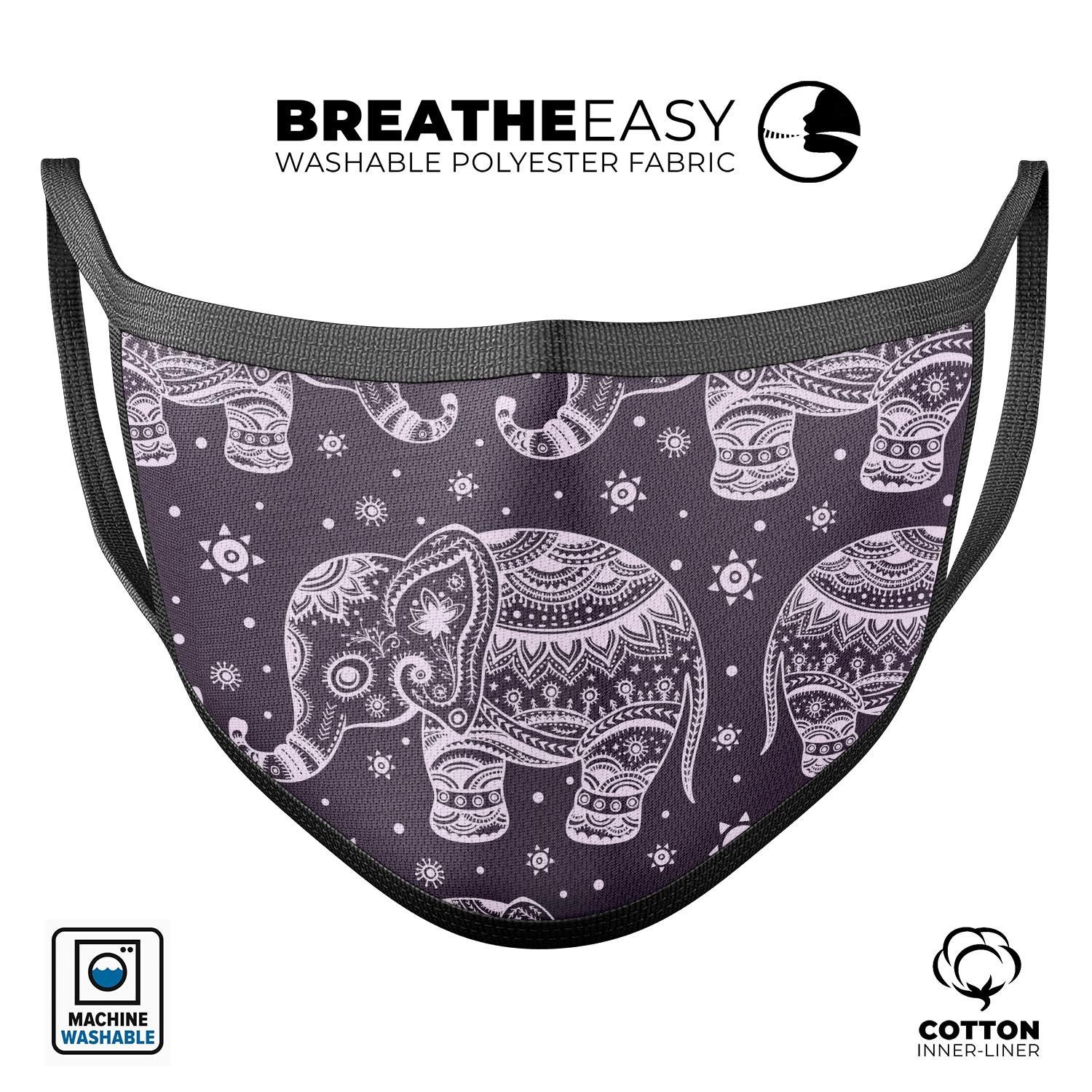 Purple Sacred Elephant Pattern mouth cover, showcasing a vibrant design with adjustable ear loops, made from soft cotton and memory foam.