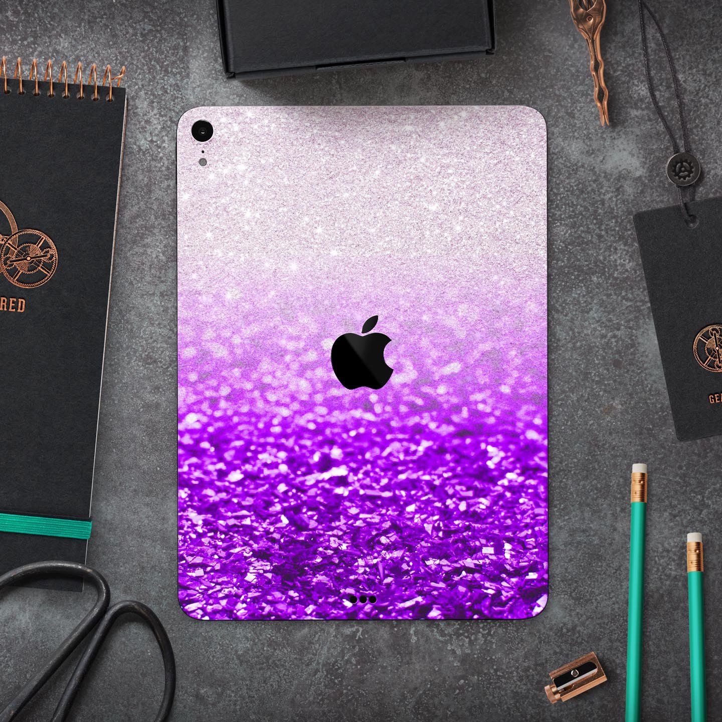 Purple and silver glimmer fade skin decal for Apple iPad, showcasing its sleek design and premium finish.