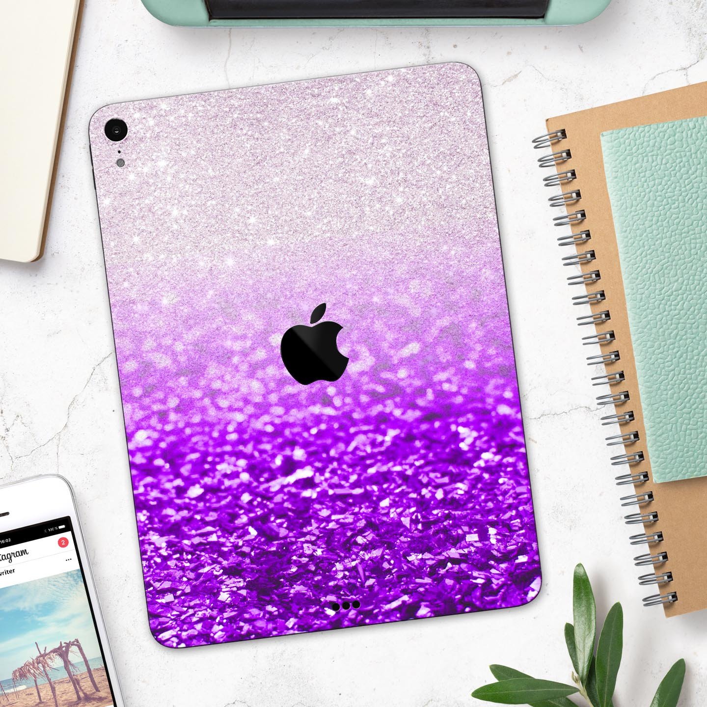 Purple and silver glimmer fade skin decal for Apple iPad, showcasing its sleek design and premium finish.