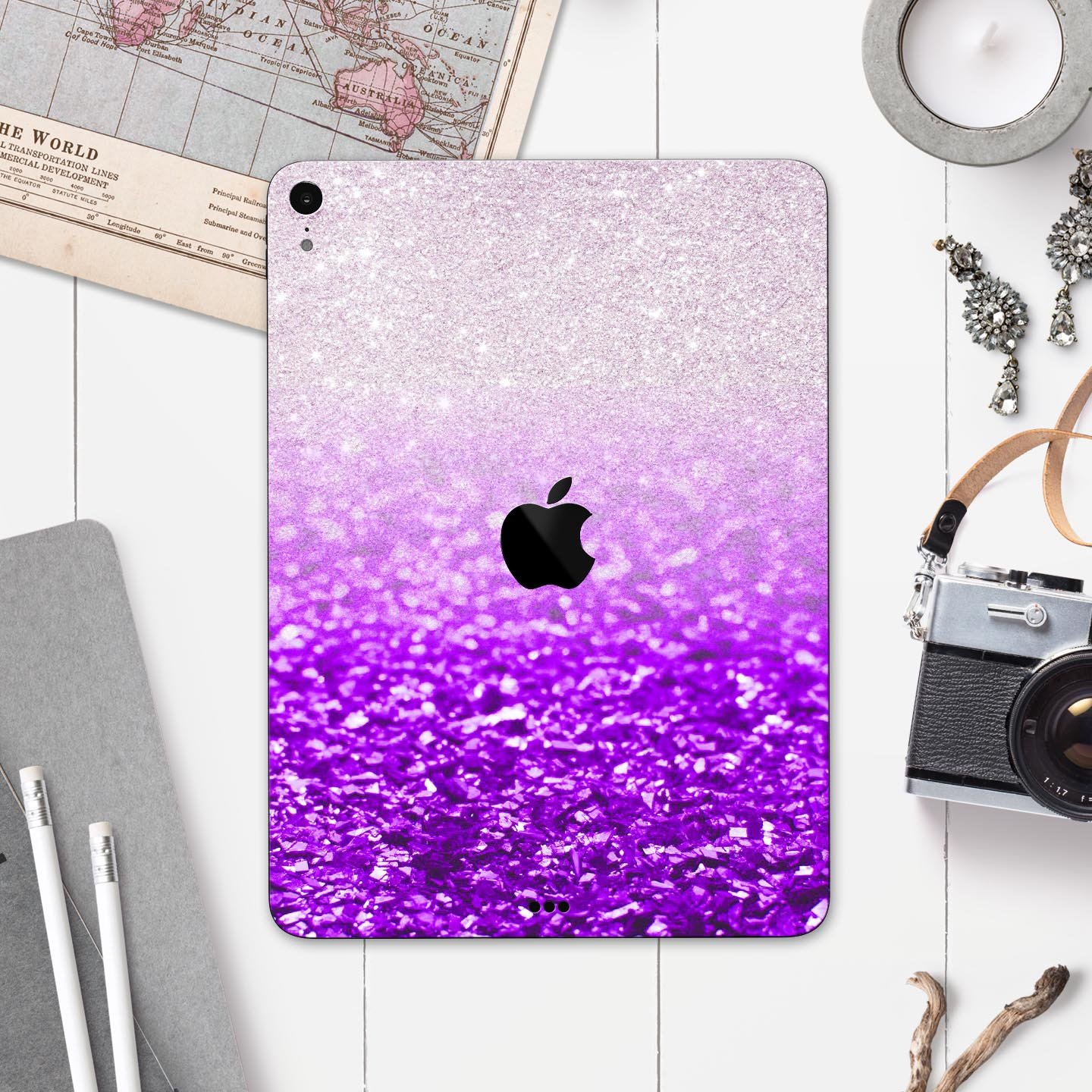 Purple and silver glimmer fade skin decal for Apple iPad, showcasing its sleek design and premium finish.