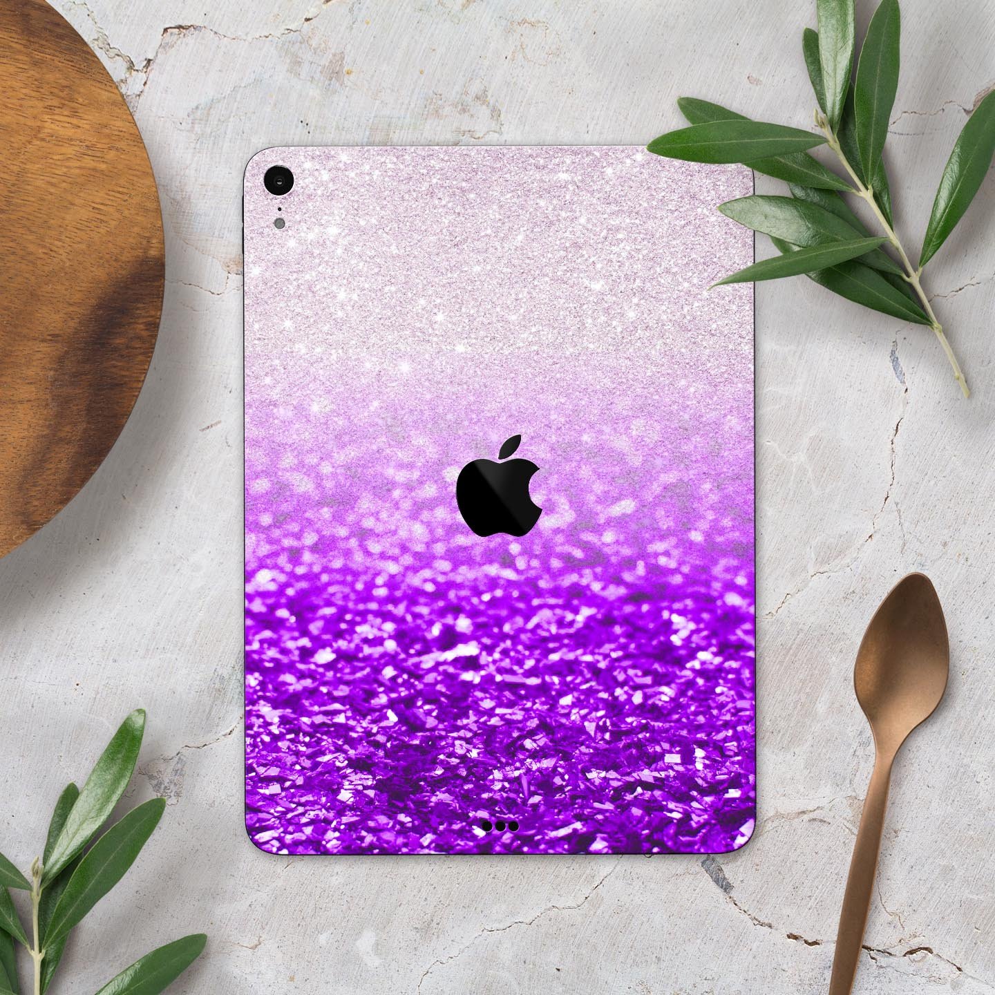 Purple and silver glimmer fade skin decal for Apple iPad, showcasing its sleek design and premium finish.