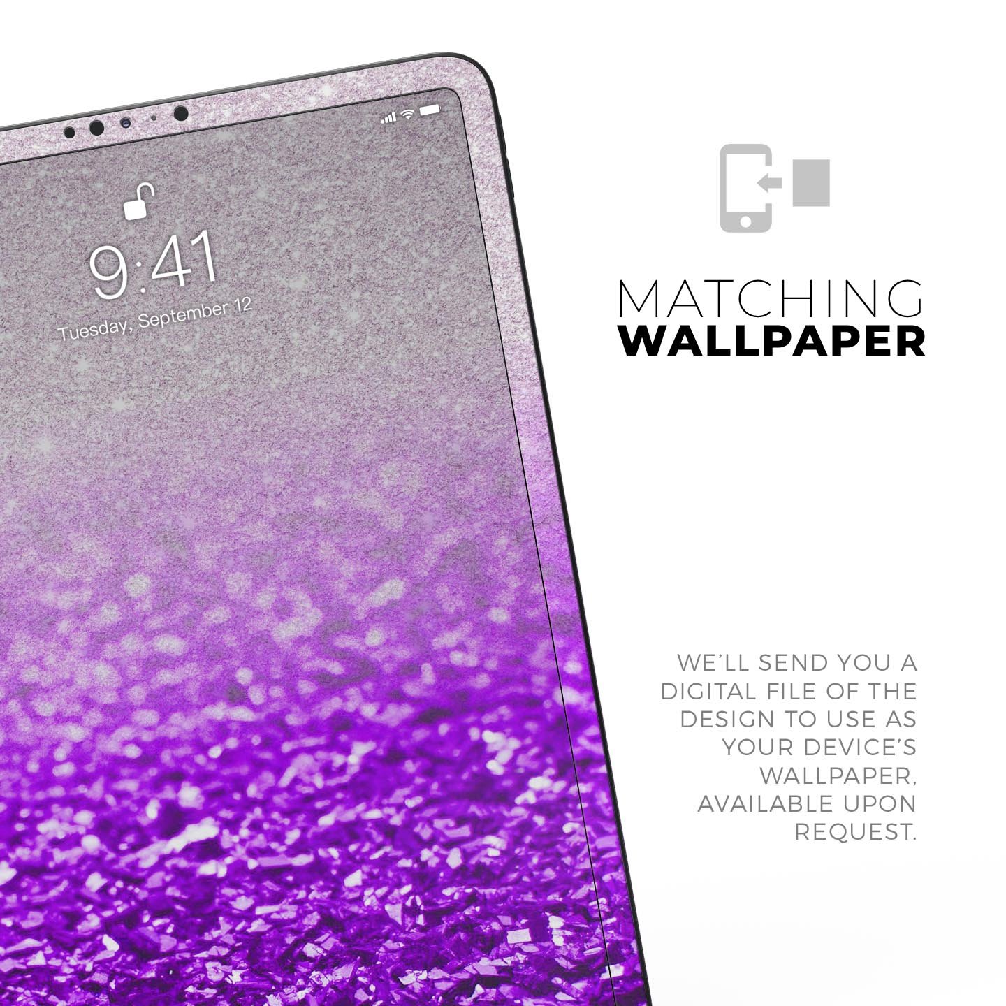 Purple and silver glimmer fade skin decal for Apple iPad, showcasing its sleek design and premium finish.