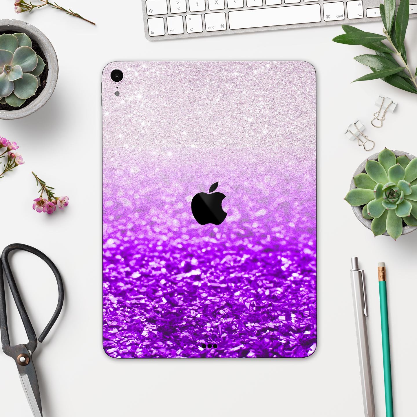 Purple and silver glimmer fade skin decal for Apple iPad, showcasing its sleek design and premium finish.