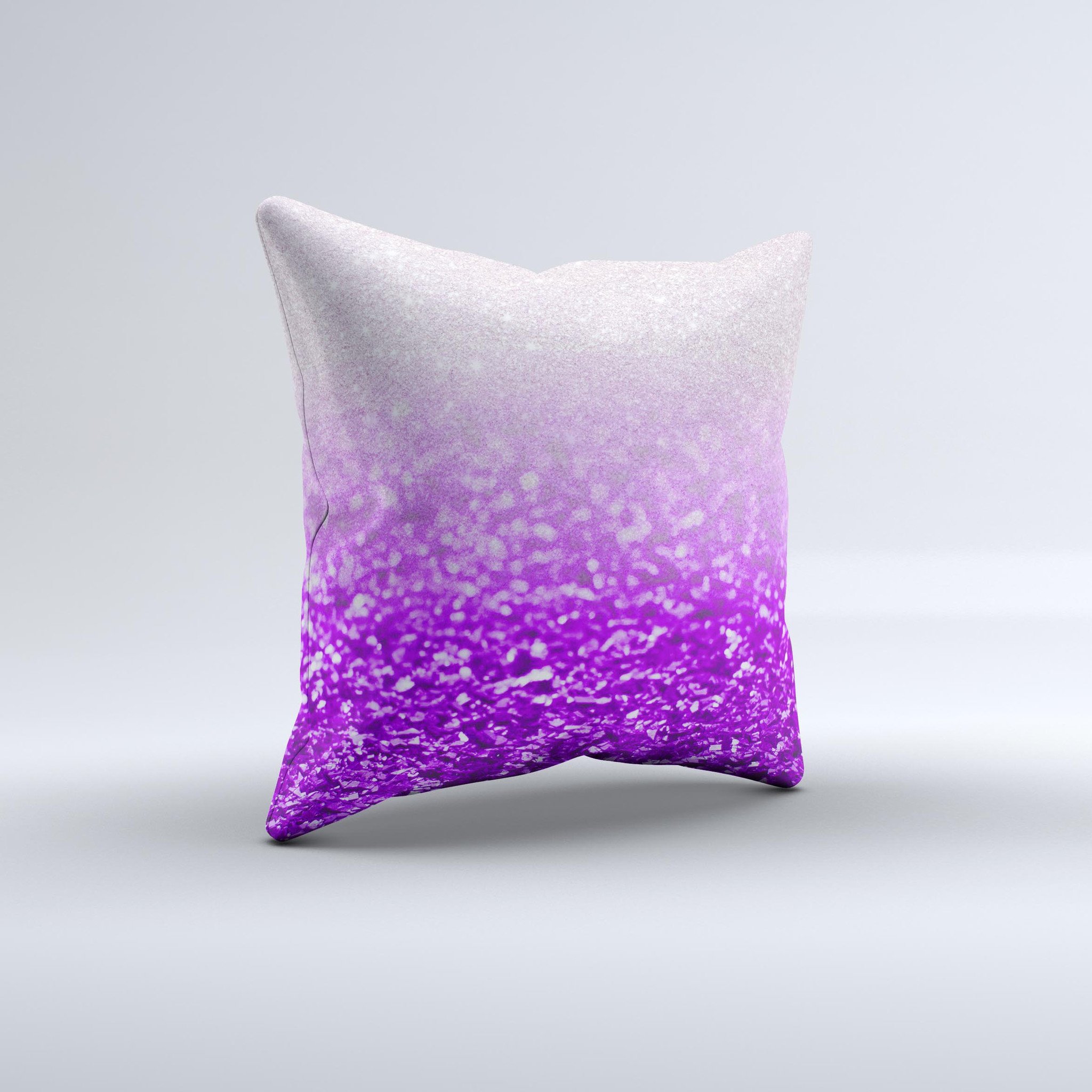 Purple and silver decorative throw pillow with a glimmer fade design, showcasing unique handmade characteristics.