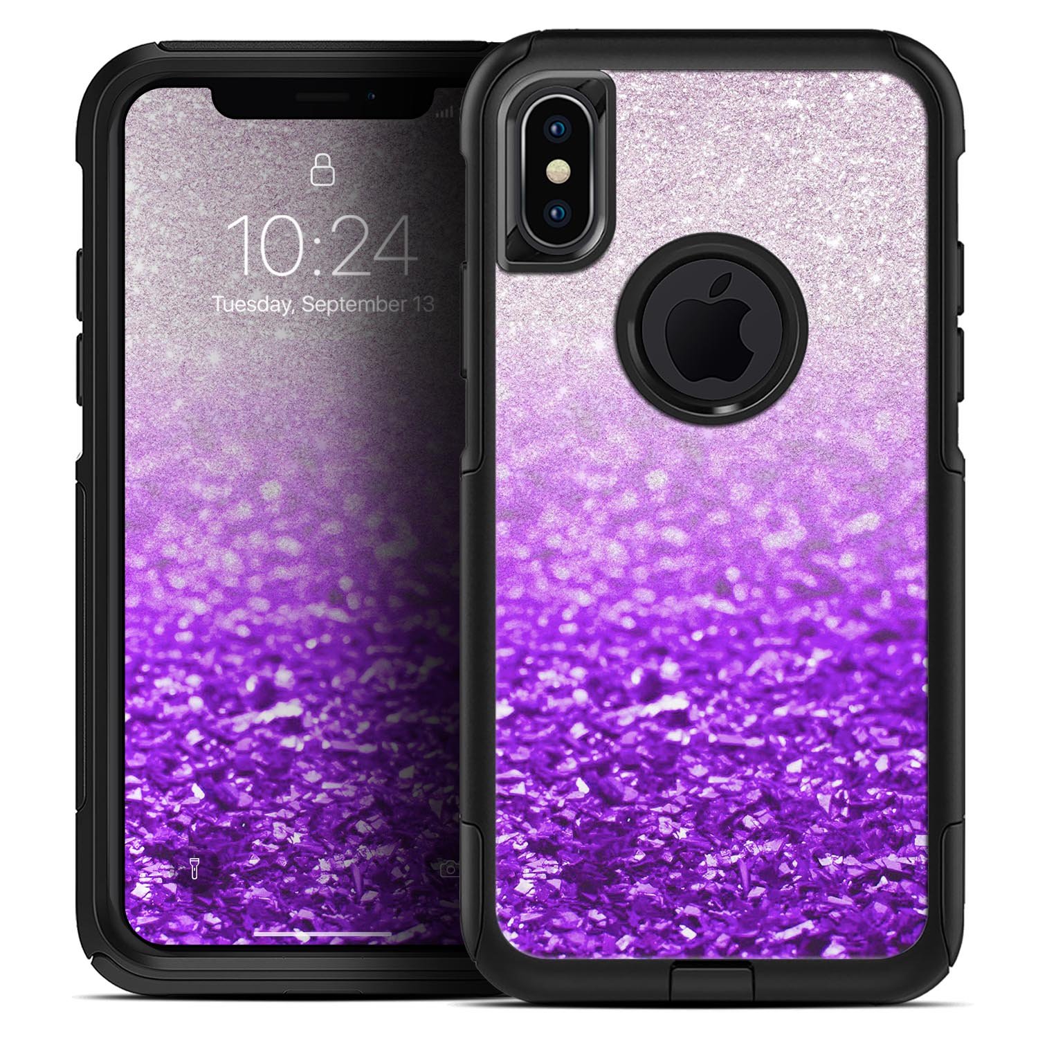 Purple and silver glimmer fade skin kit for iPhone OtterBox cases, showcasing vibrant colors and sleek design.