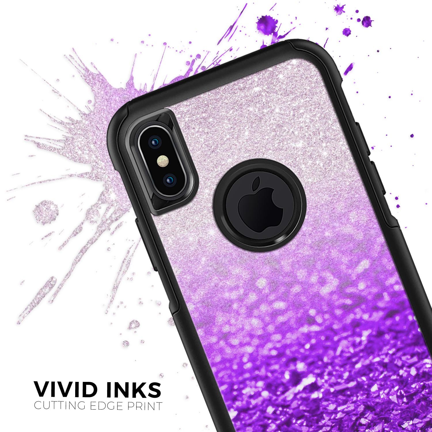 Purple and silver glimmer fade skin kit for iPhone OtterBox cases, showcasing vibrant colors and sleek design.