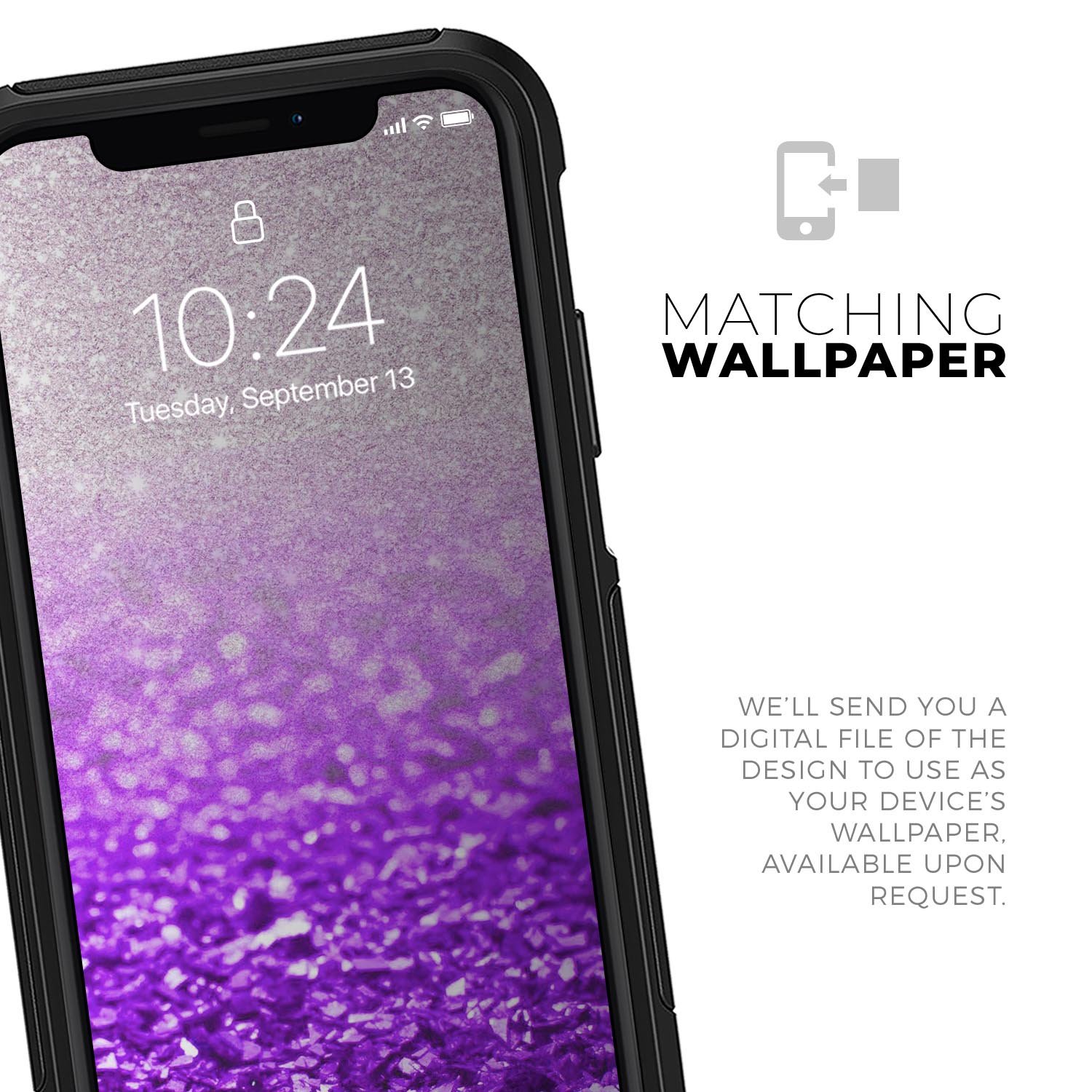 Purple and silver glimmer fade skin kit for iPhone OtterBox cases, showcasing vibrant colors and sleek design.